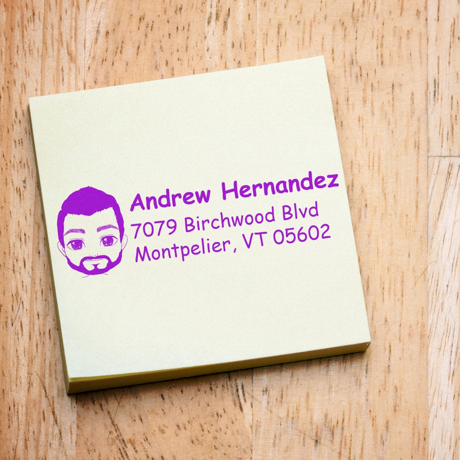Custom address rubber stamp with portrait icon, Andrew Hernandez, Montpelier, VT 05602.