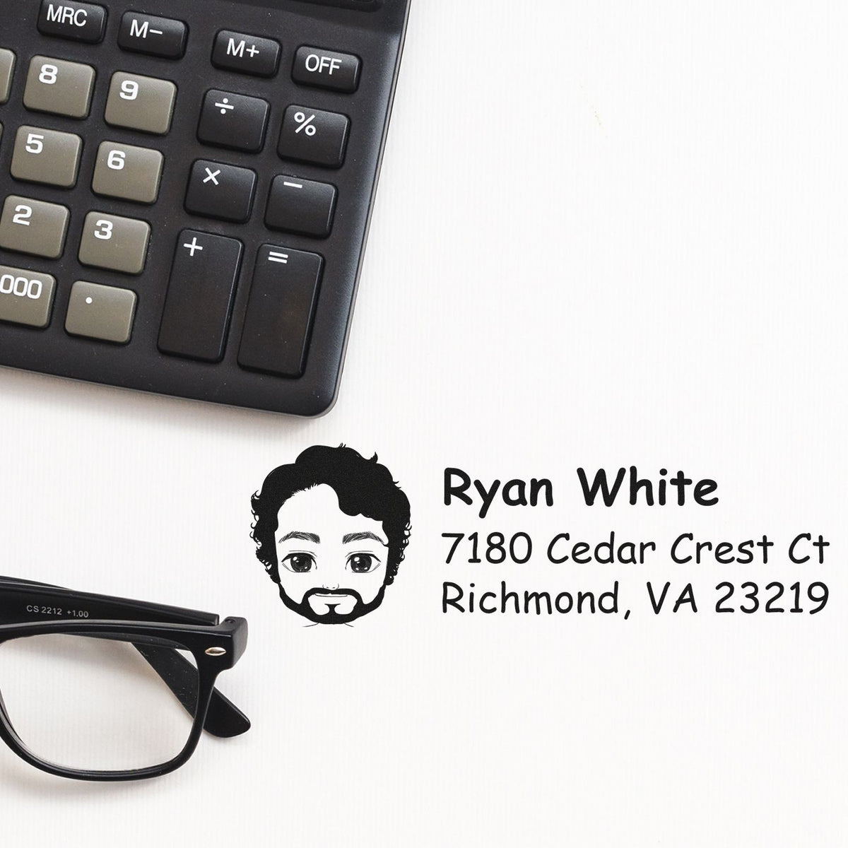 Personalized address rubber stamp with avatar for Ryan White, 7180 Cedar Crest Ct, Richmond, VA 23219.