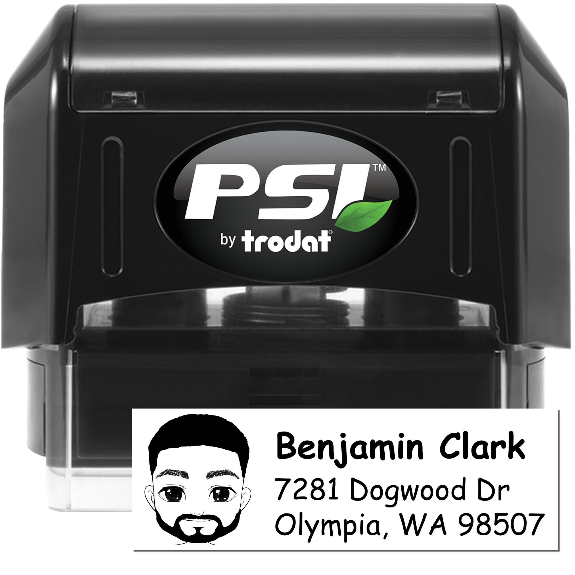 PSI by Trodat self-inking rubber stamp with custom address and portrait design for personalized mailing and business use.