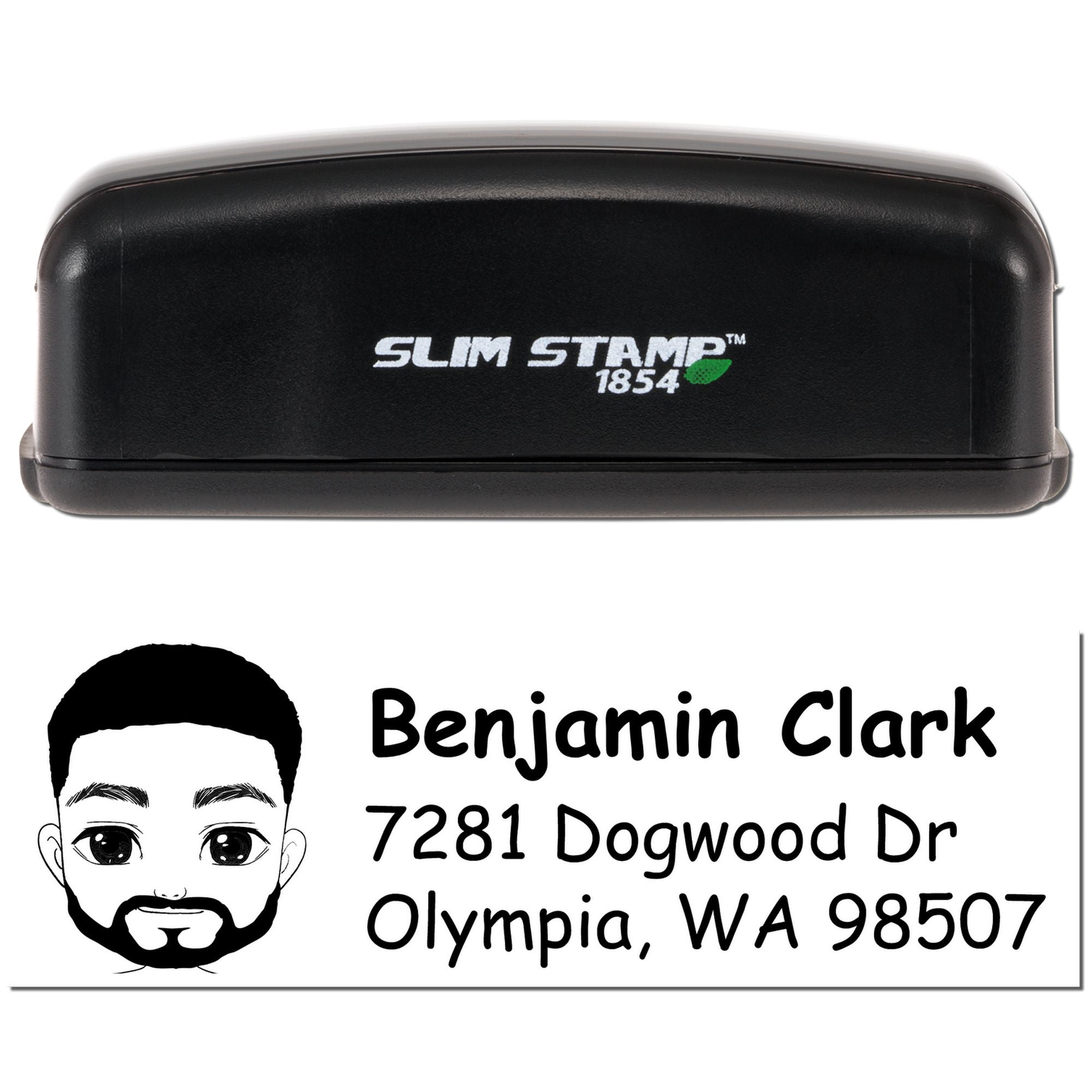 Slim Stamp 1854 self-inking rubber stamp with custom return address design for Benjamin Clark, Olympia, WA.