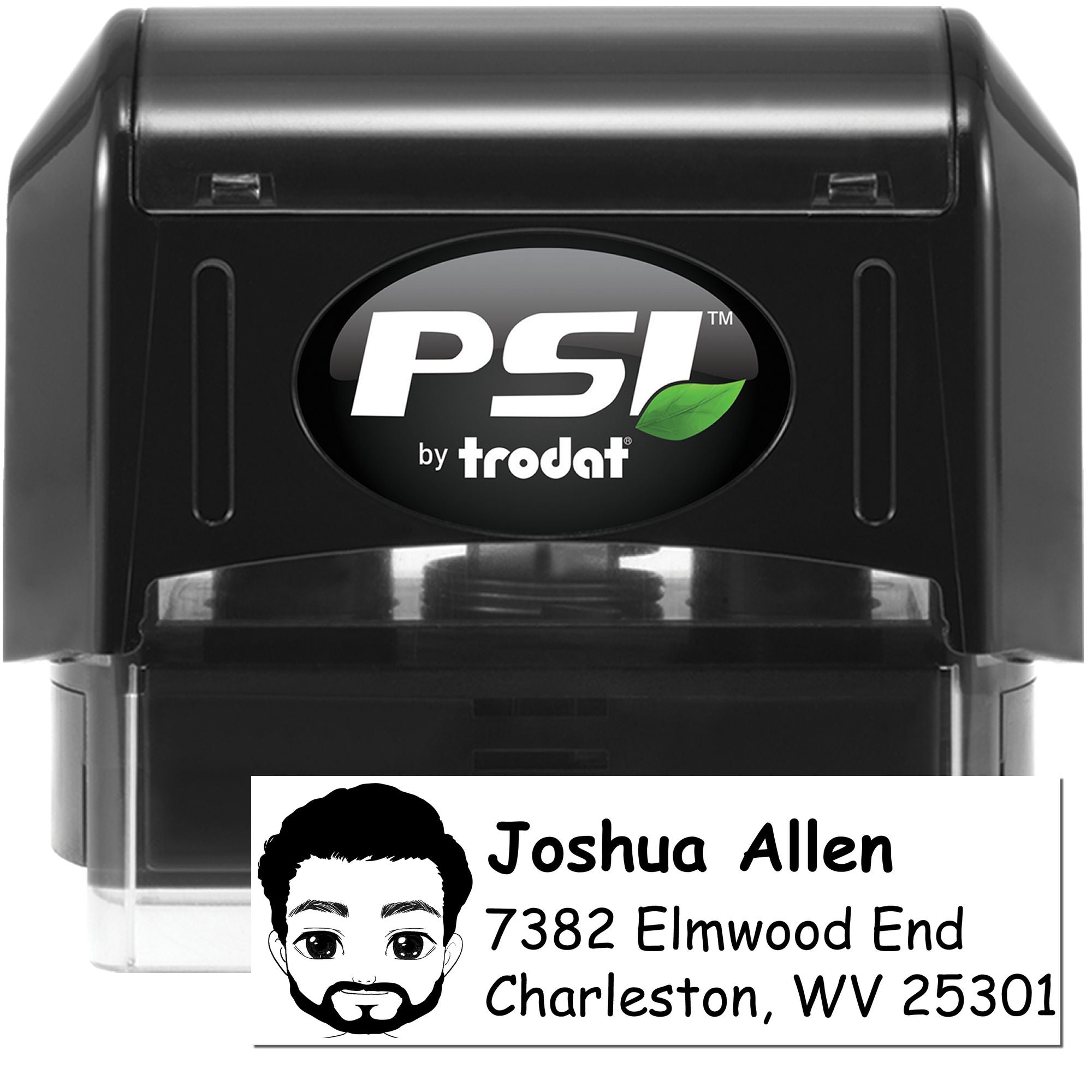 Custom self-inking rubber address stamp by PSI Trodat for personalized mailing with name and return address.
