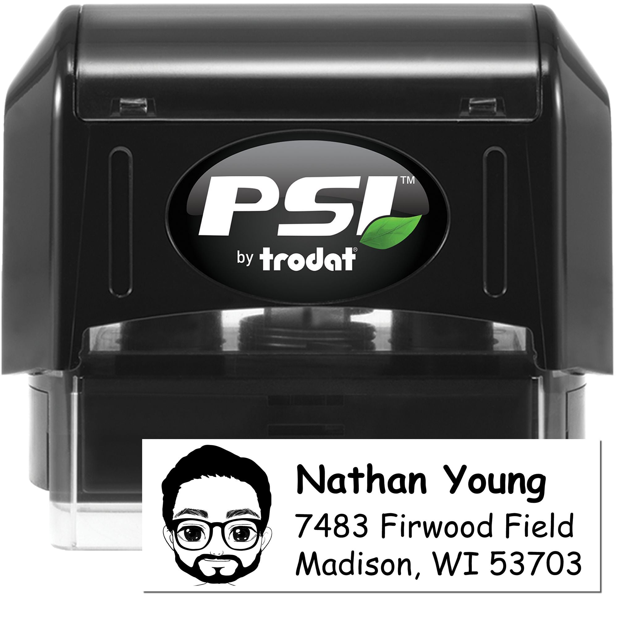 PSI by Trodat self-inking custom address rubber stamp with Nathan Young imprint for personalized mailing and business use.