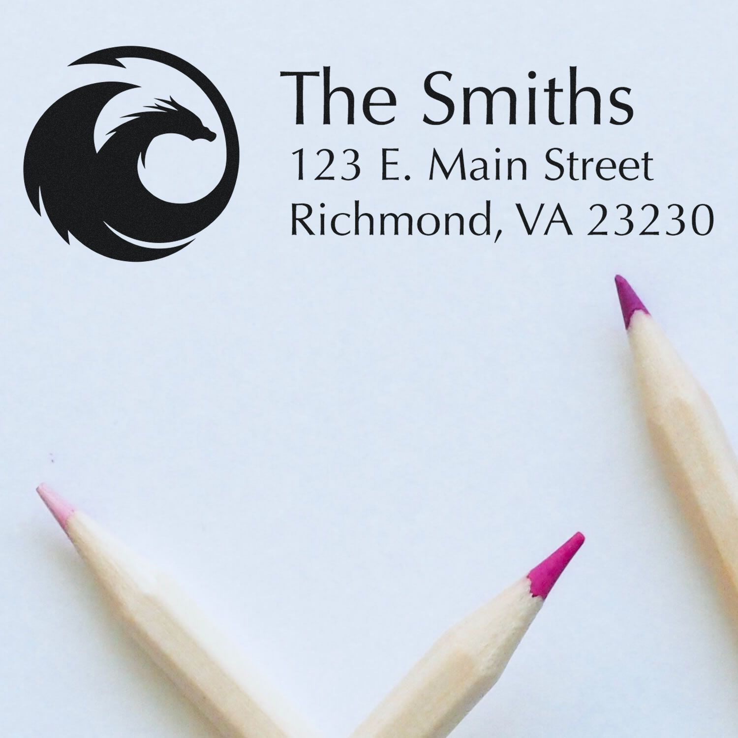 Personalized rubber stamp with dragon logo, The Smiths, 123 E. Main Street, Richmond, VA 23230