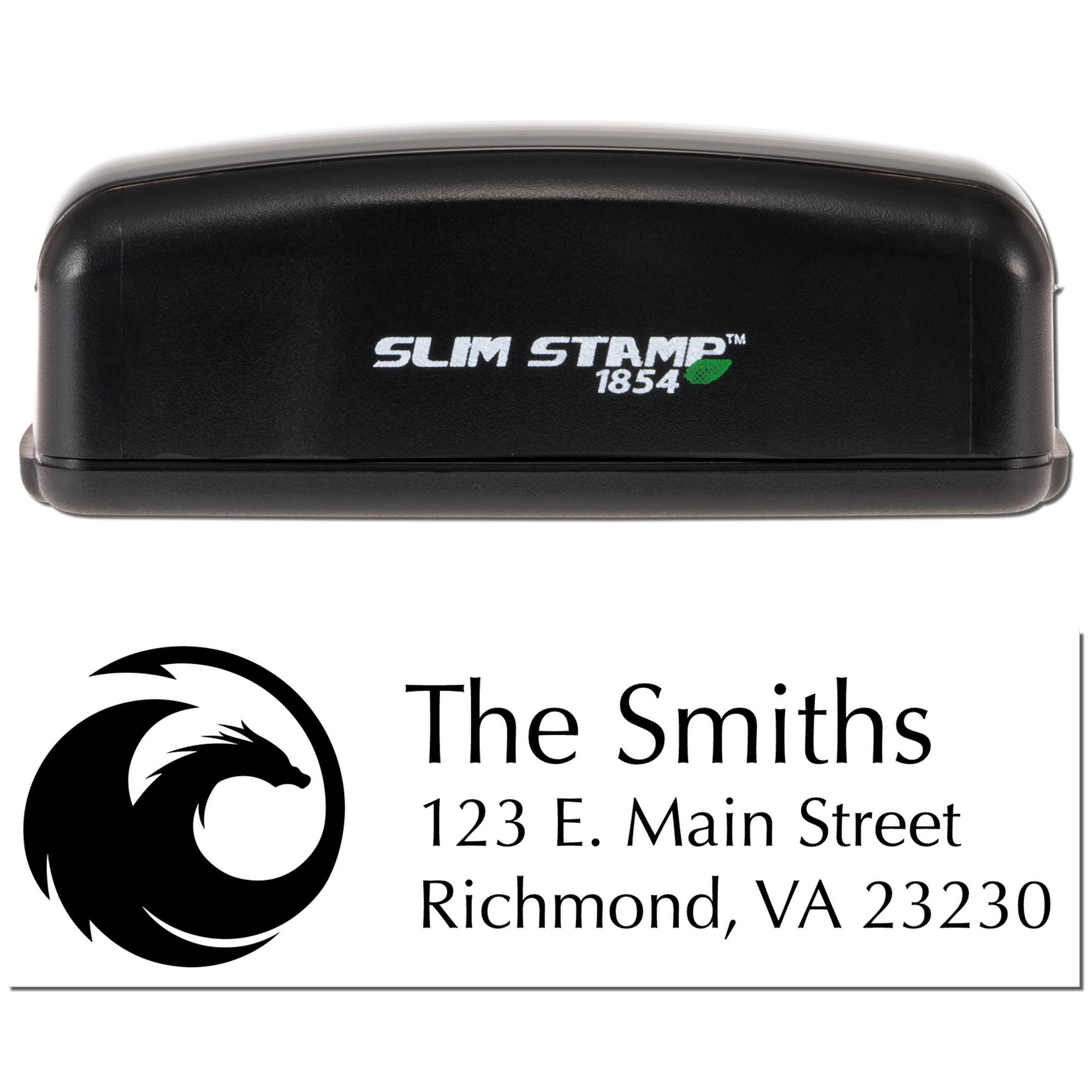 Slim Stamp 1854 custom address rubber stamp for The Smiths, Richmond, VA 23230, with dragon logo.