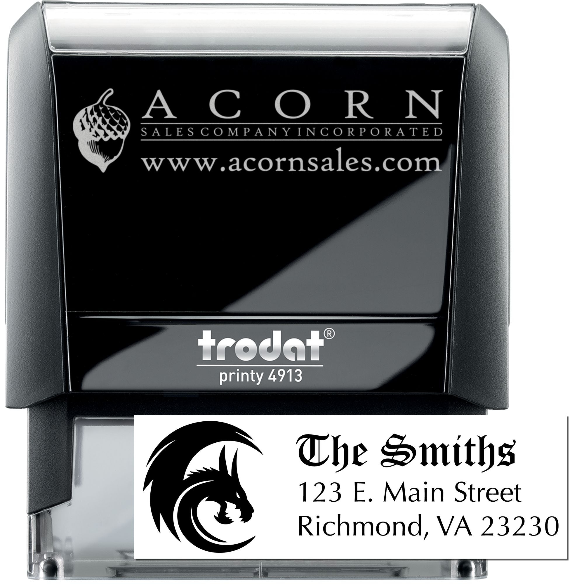 Custom self-inking rubber stamp with logo, business name, and address for professional mailing and branding.