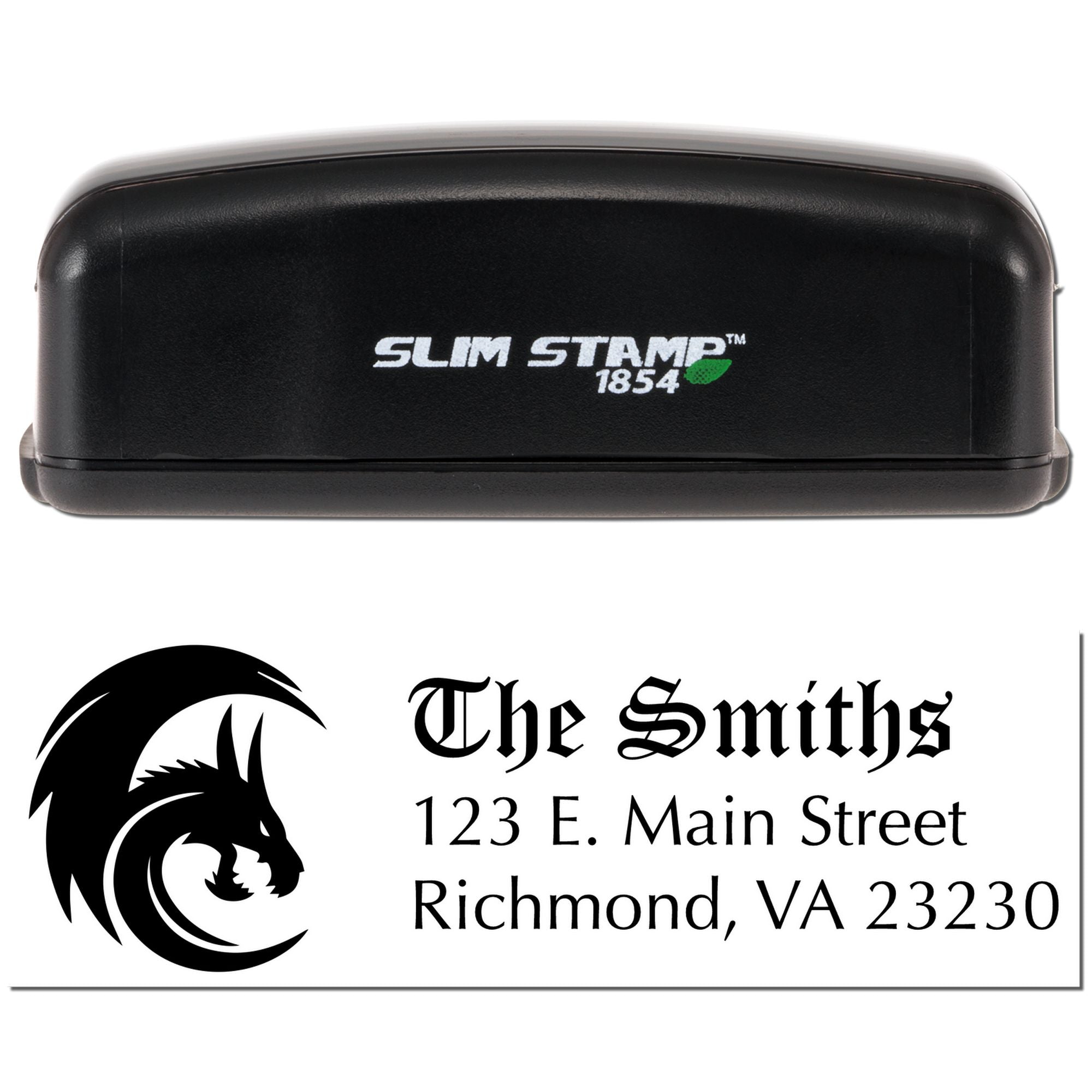 Slim Stamp 1854 custom self-inking rubber stamp with logo and return address imprint for The Smiths, Richmond, VA 23230