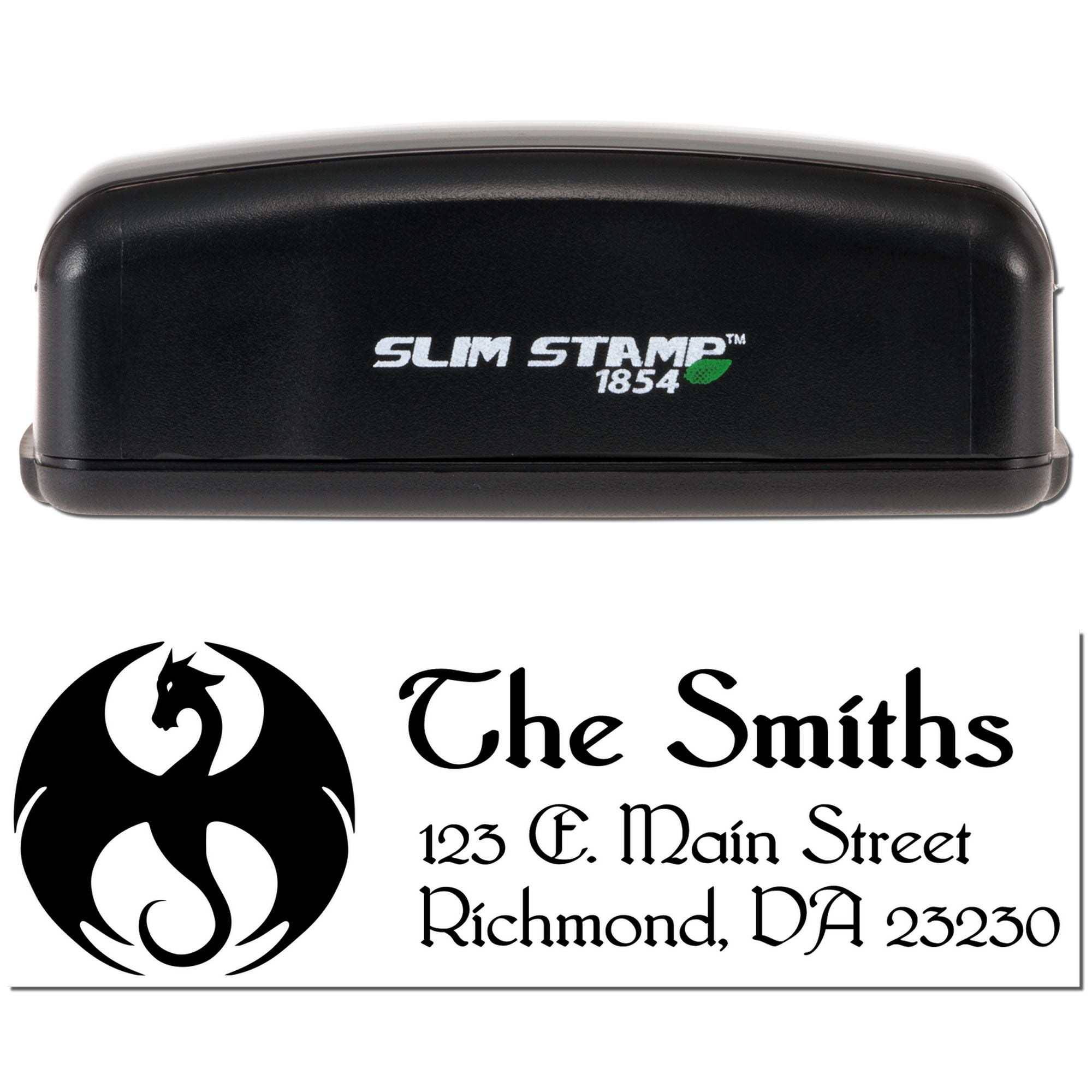 Custom self-inking rubber stamp with dragon logo and The Smiths address, Richmond, VA 23230, for personalized business mailing.