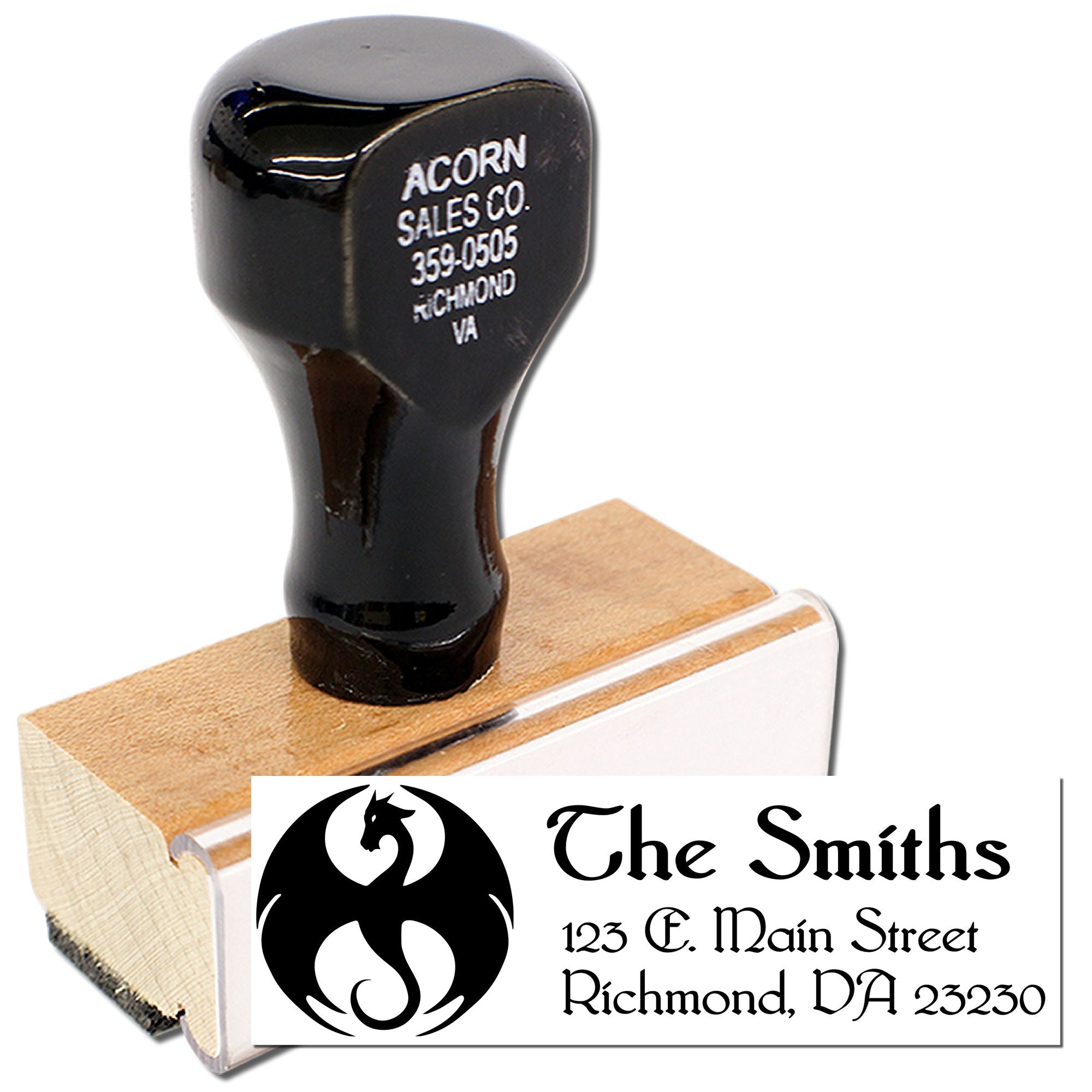Custom rubber address stamp with logo, showing sample imprint for The Smiths, Richmond, VA.