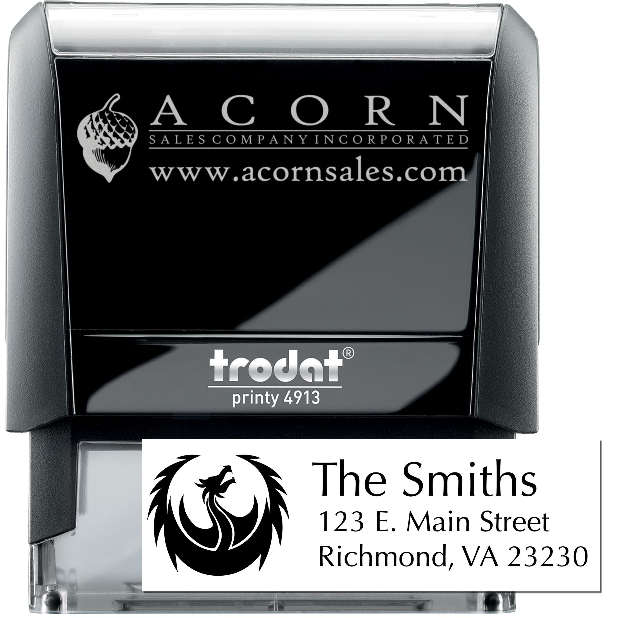 Custom self-inking rubber stamp with logo and address imprint for business mailing and branding, Trodat Printy 4913