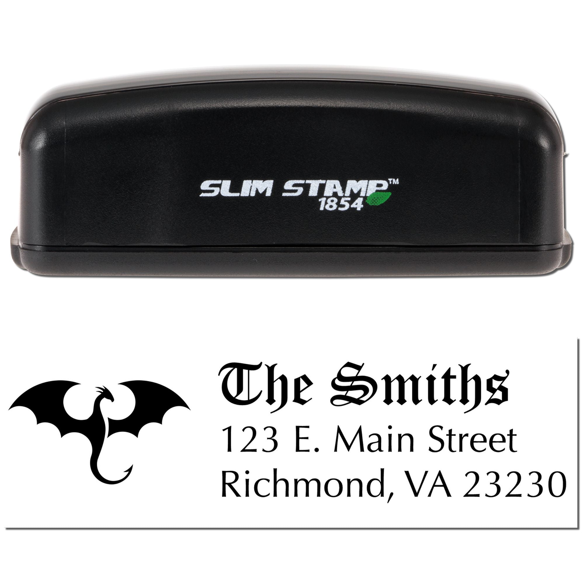 Custom Slim Stamp 1854 rubber stamp with dragon logo and return address for The Smiths, Richmond VA.