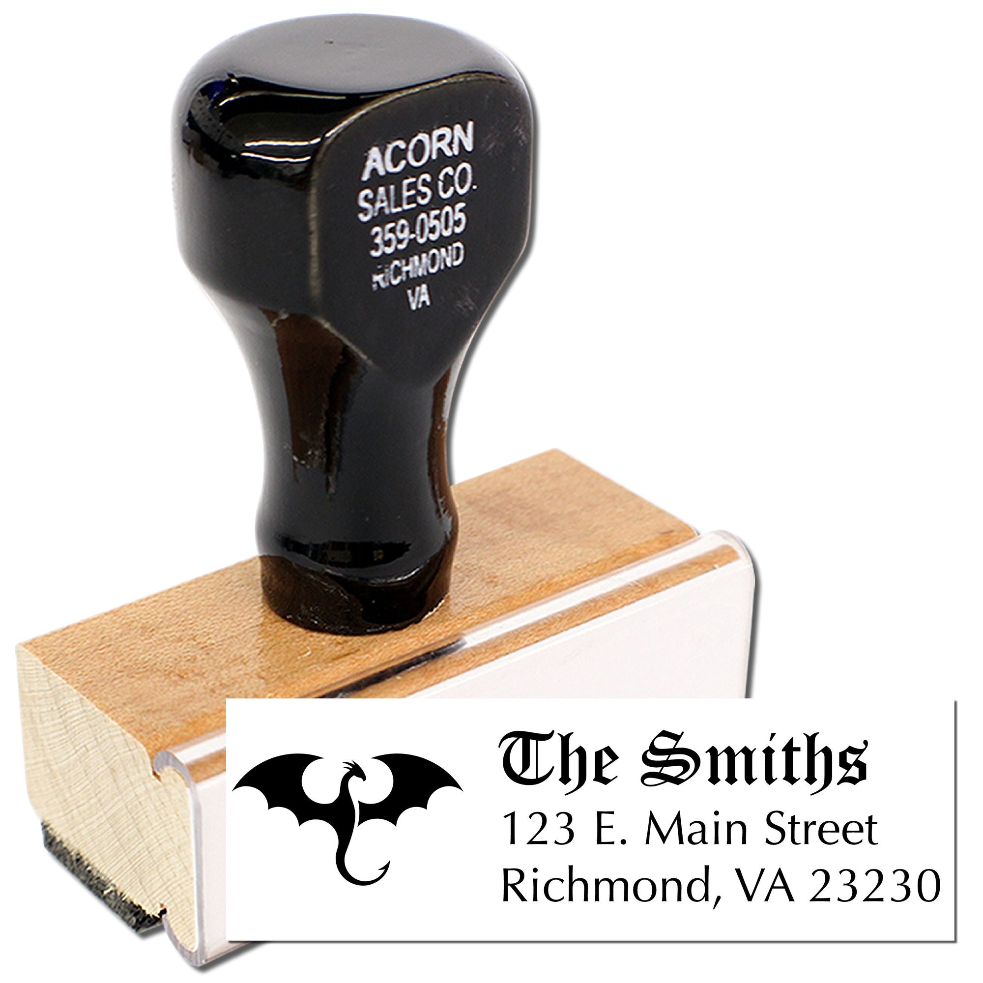 Custom rubber stamp with logo and business address, featuring The Smiths, Richmond VA, for professional mailing and branding.