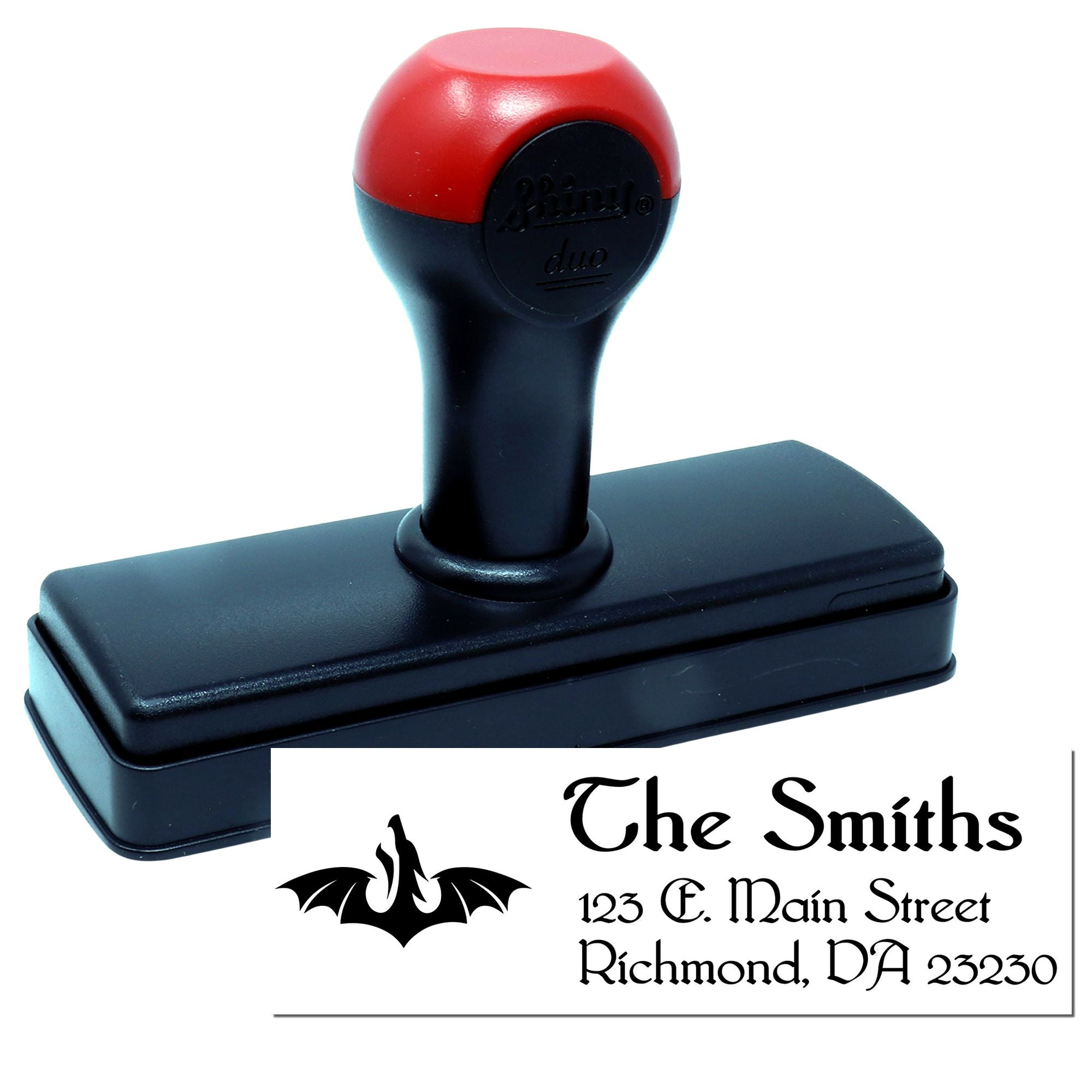 Custom self-inking return address rubber stamp with bat logo, The Smiths name, and Richmond, VA address.