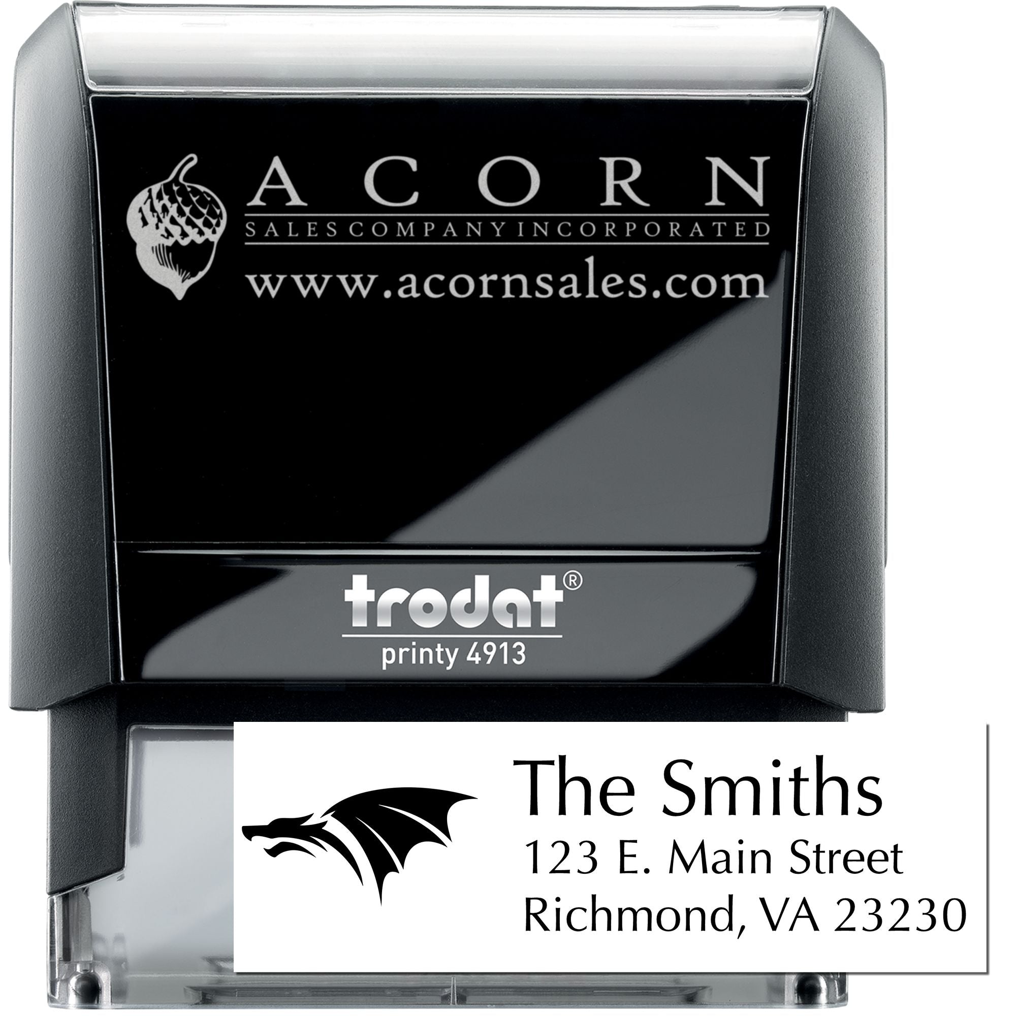 Trodat Printy self-inking rubber stamp with custom logo and return address for business branding and mailing.