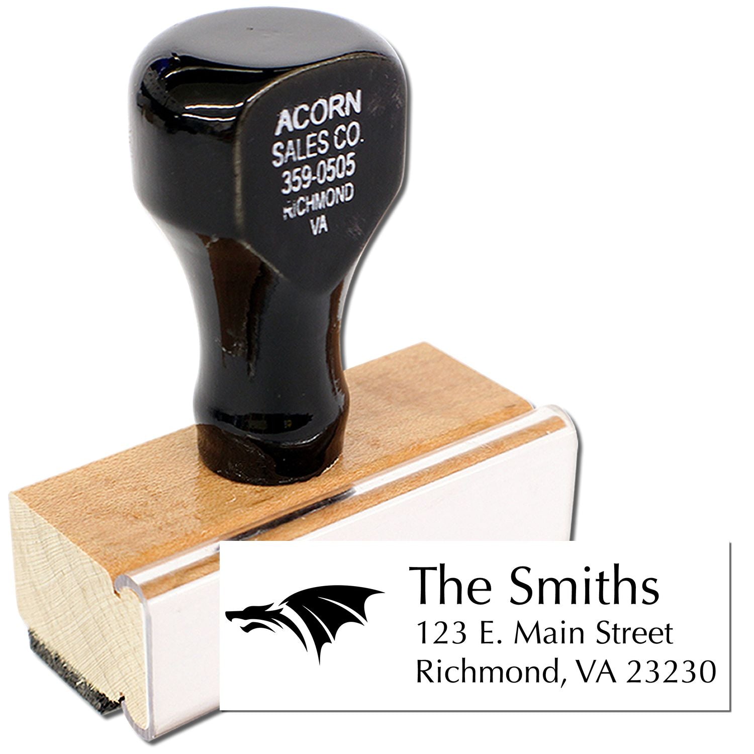 Custom rubber address stamp with dragon logo and The Smiths return address.