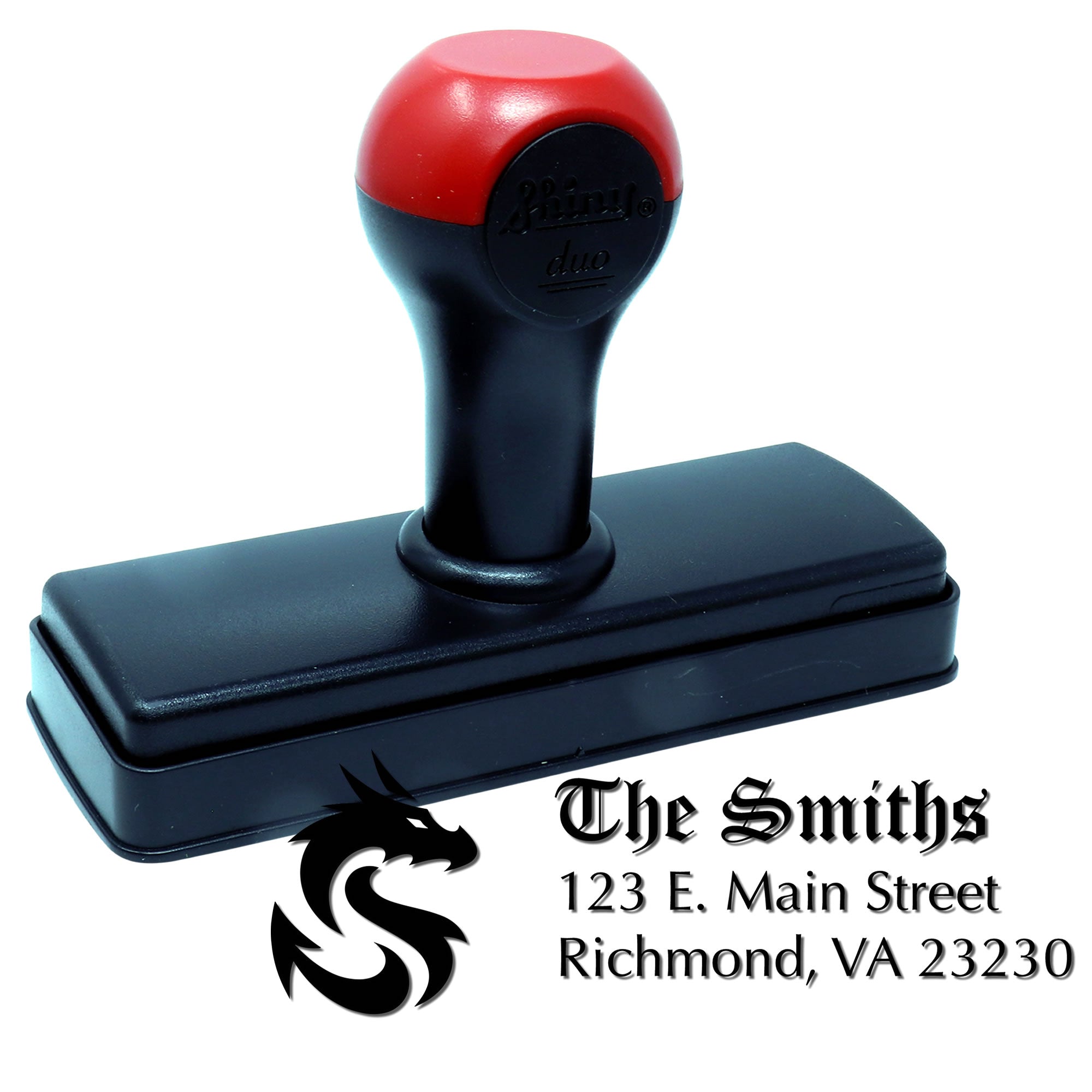 Self-inking custom return address rubber stamp for The Smiths with dragon logo, 123 E. Main Street, Richmond, VA 23230
