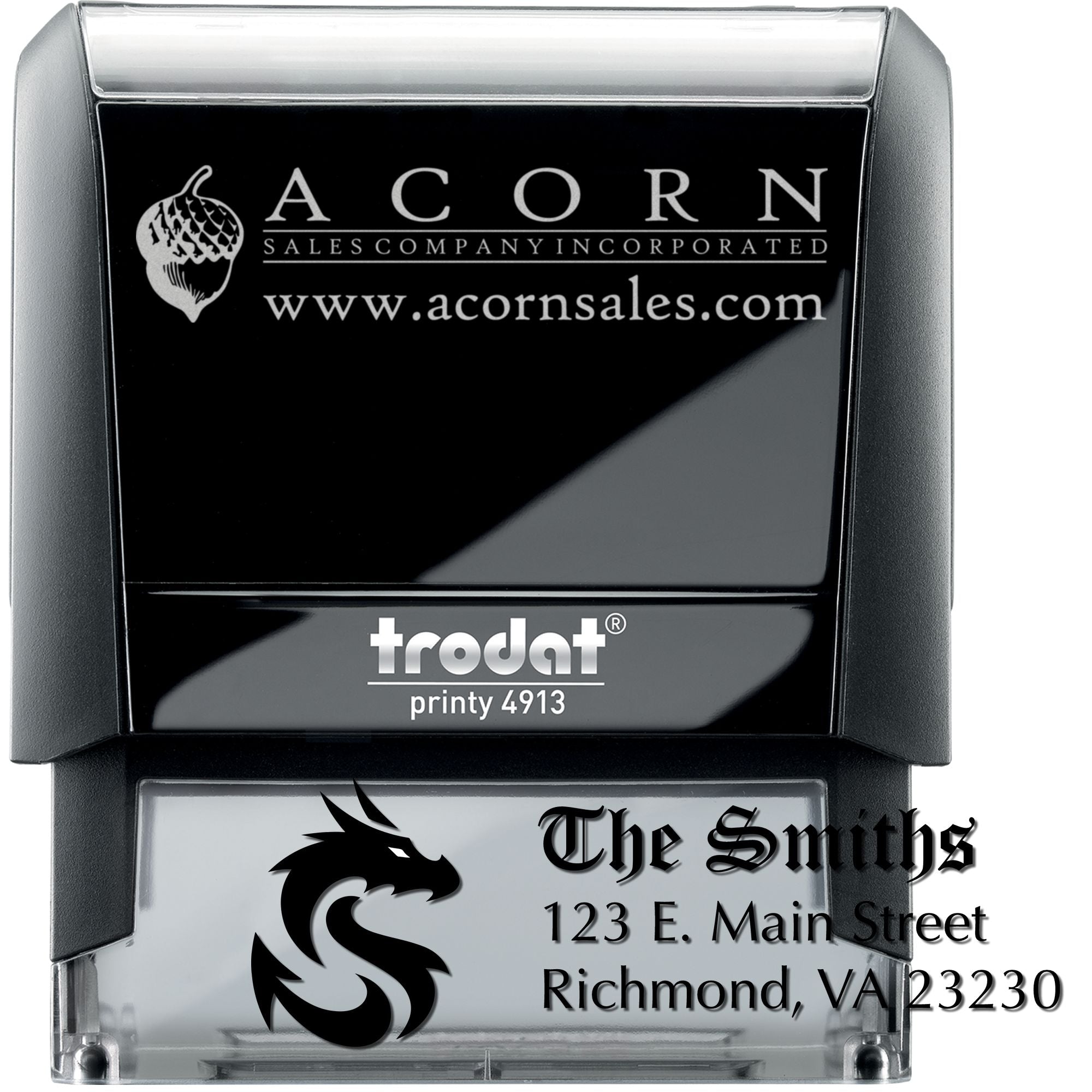 Custom self-inking rubber stamp with logo and address for business branding, mailings, and office use.