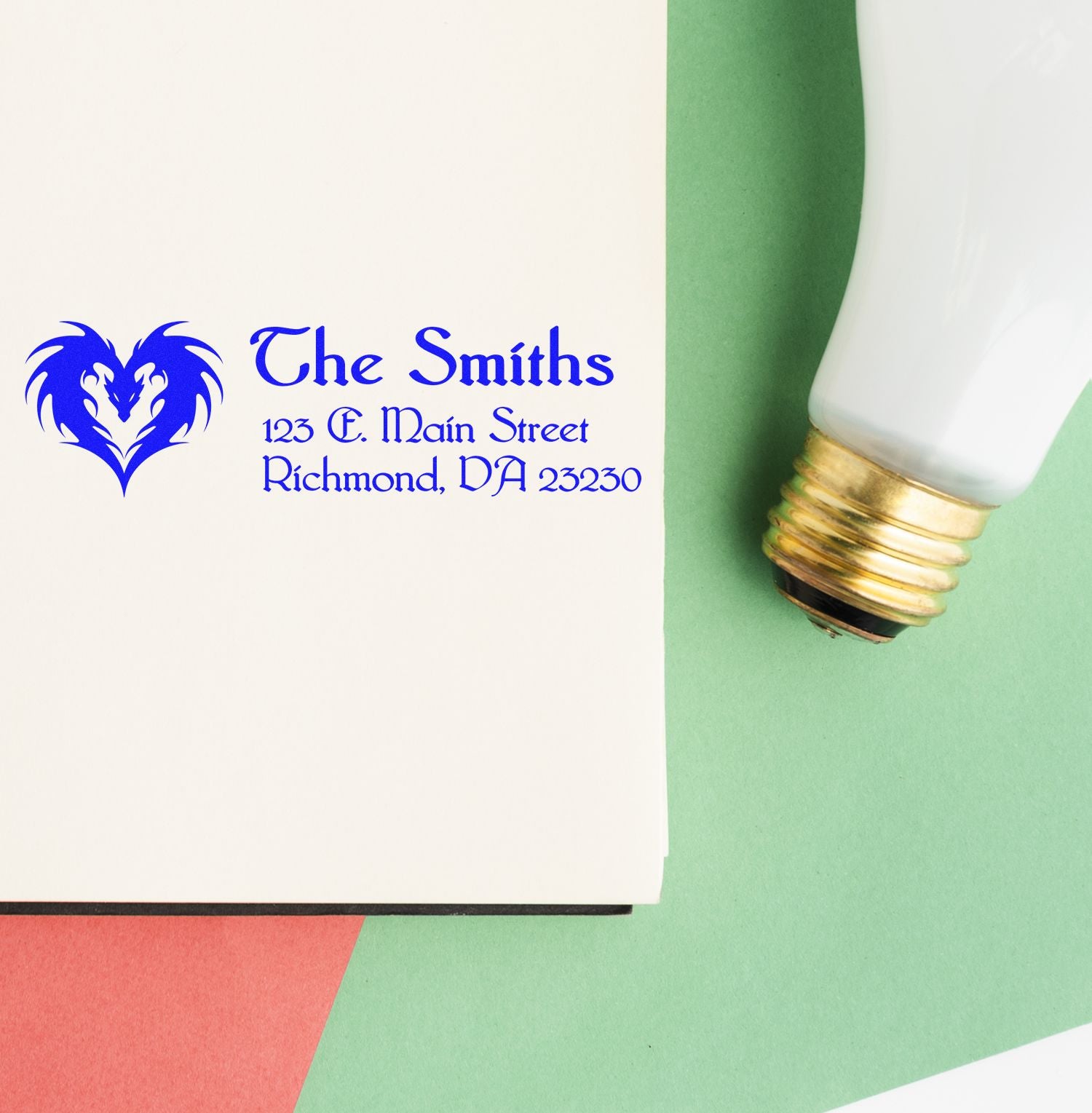 Custom rubber return address stamp for The Smiths, featuring a logo and personalized Richmond address imprint.