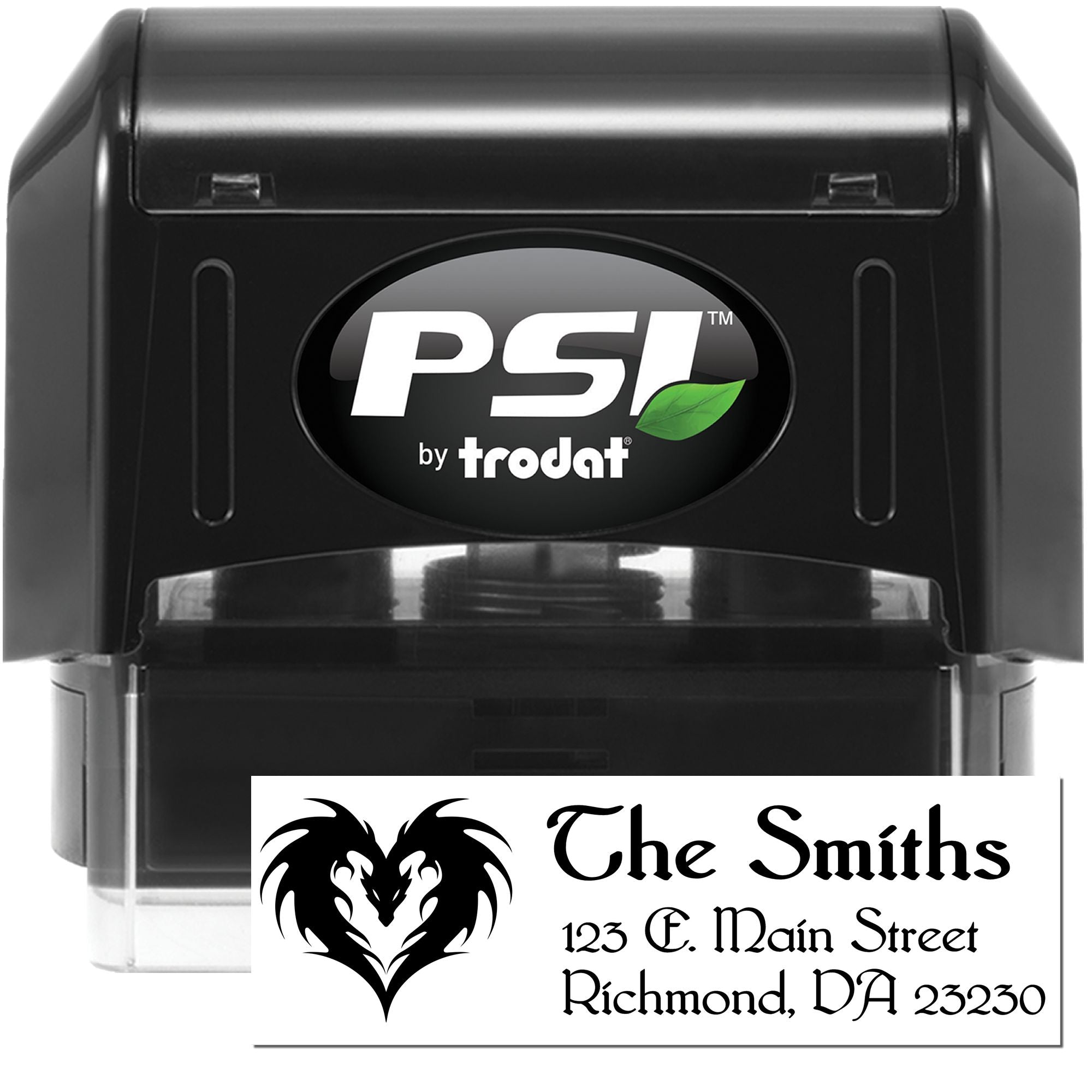PSI by Trodat custom self-inking address rubber stamp with dragon heart design for The Smiths return address.