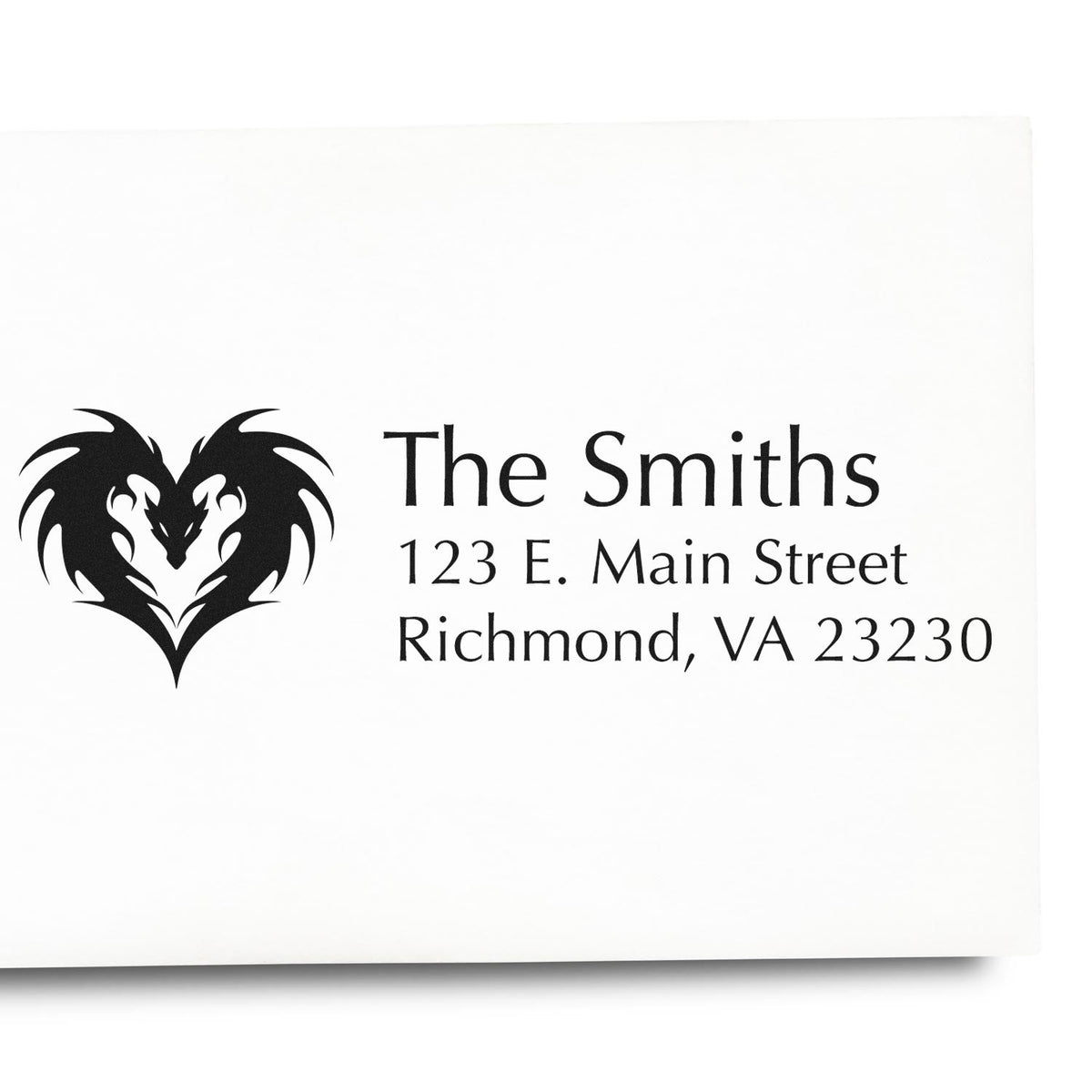 Custom family address rubber stamp with heart dragon design, The Smiths, 123 E. Main Street, Richmond, VA 23230