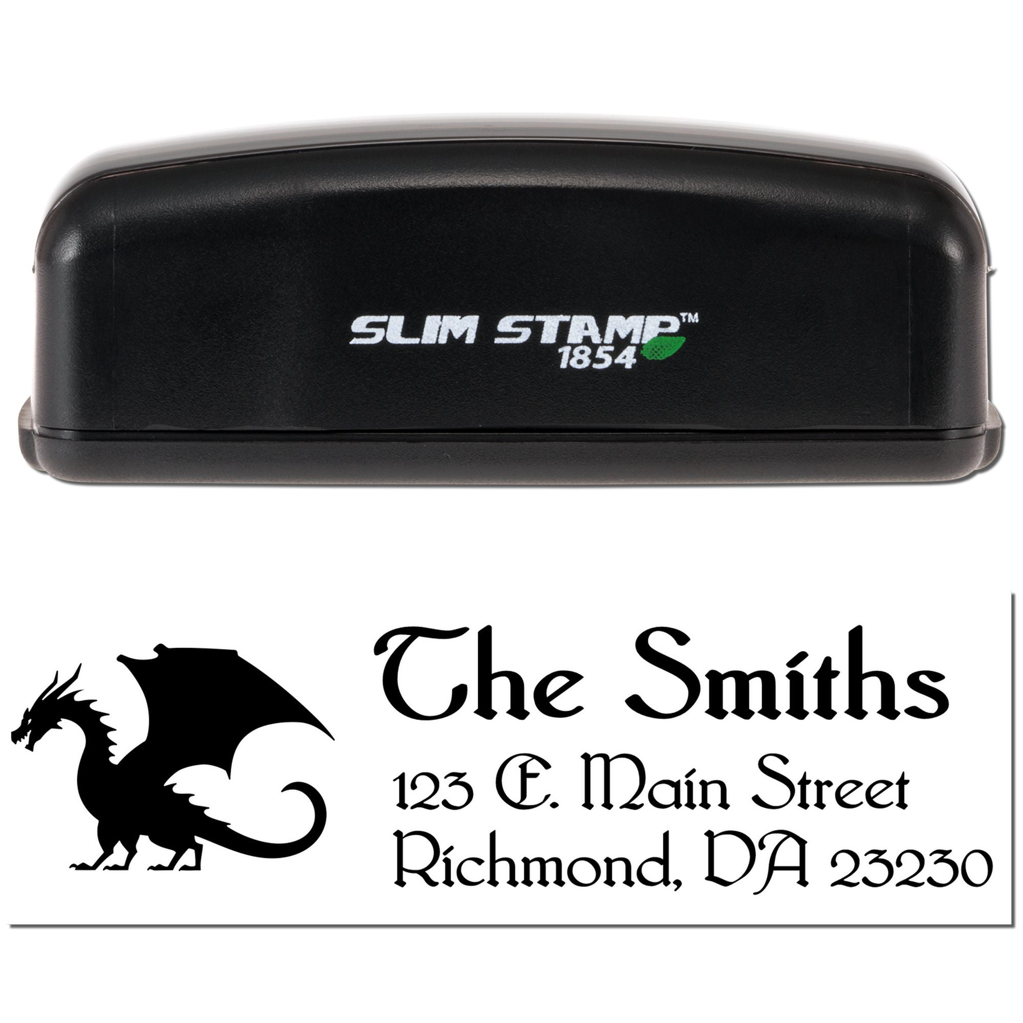 Custom self-inking return address rubber stamp with dragon logo for The Smiths, 123 E. Main Street, Richmond, VA 23230