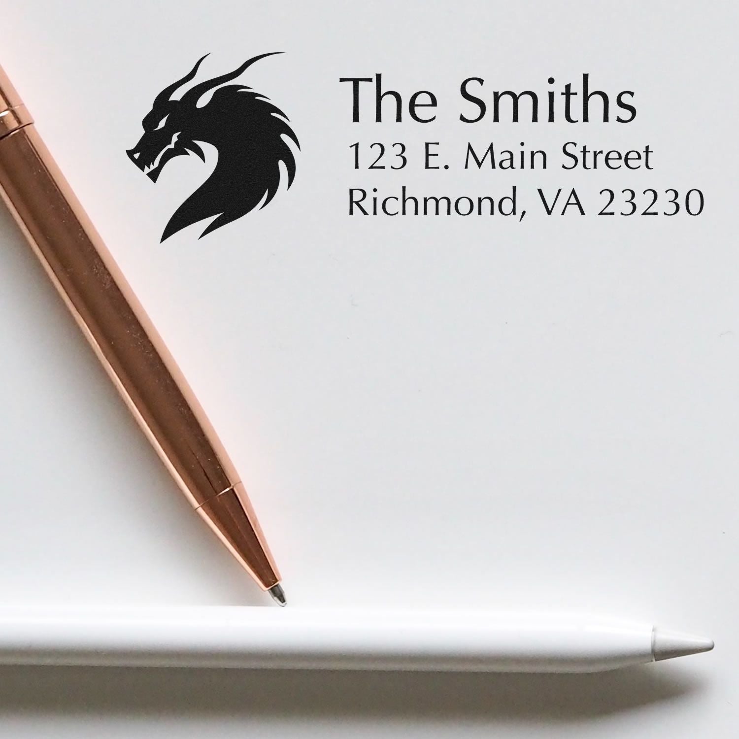 Custom return address rubber stamp with dragon logo for The Smiths, Richmond, VA.