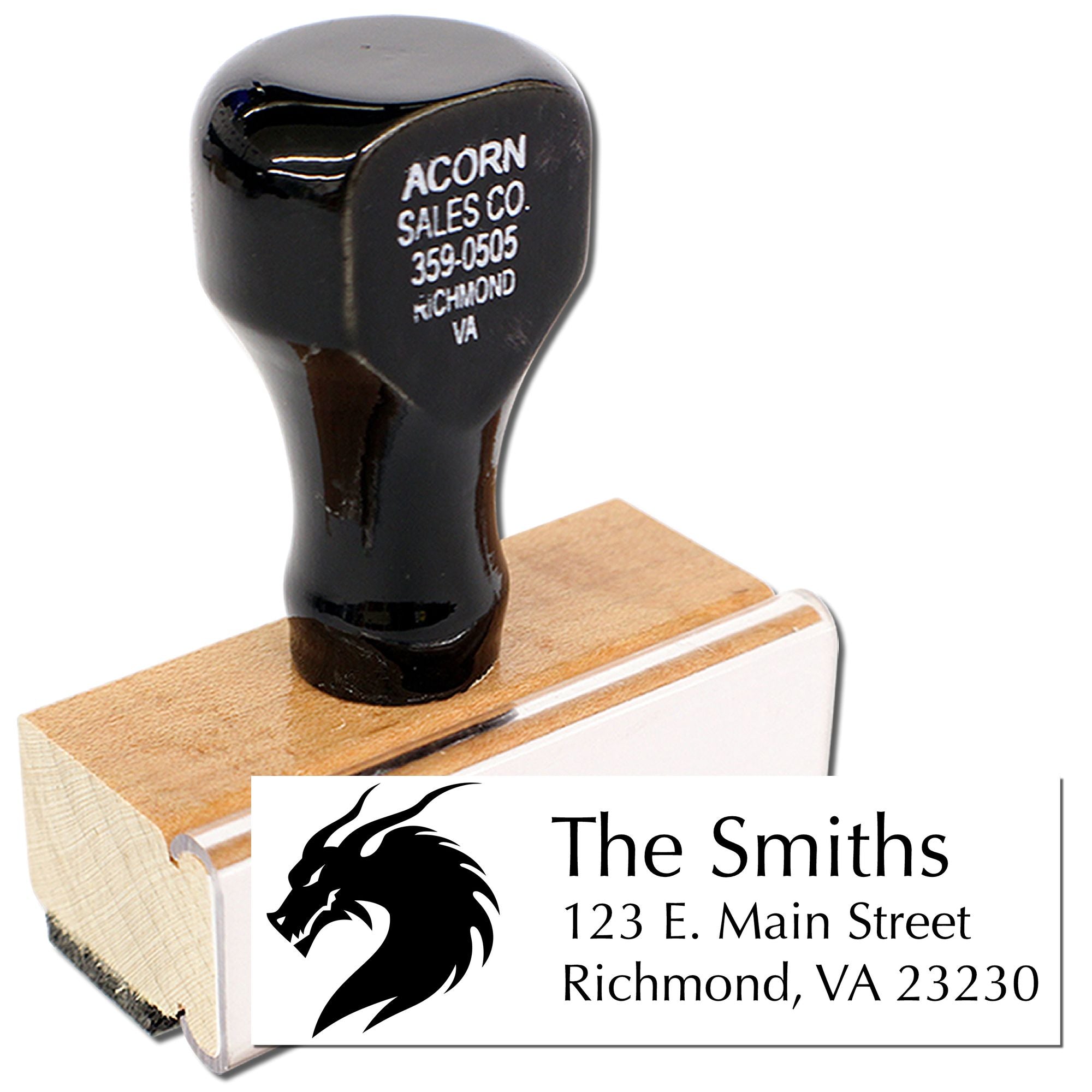 Custom rubber stamp with dragon logo and The Smiths return address, ideal for business mail and personalized envelopes.