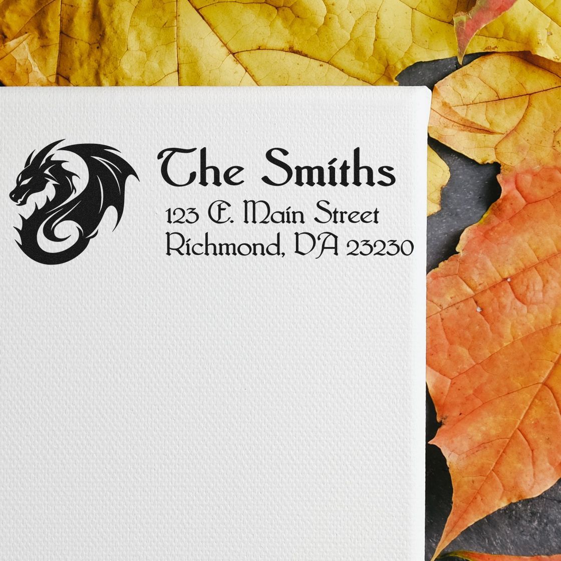 Custom family return address rubber stamp with dragon logo for personalized envelopes, The Smiths, Richmond, VA.
