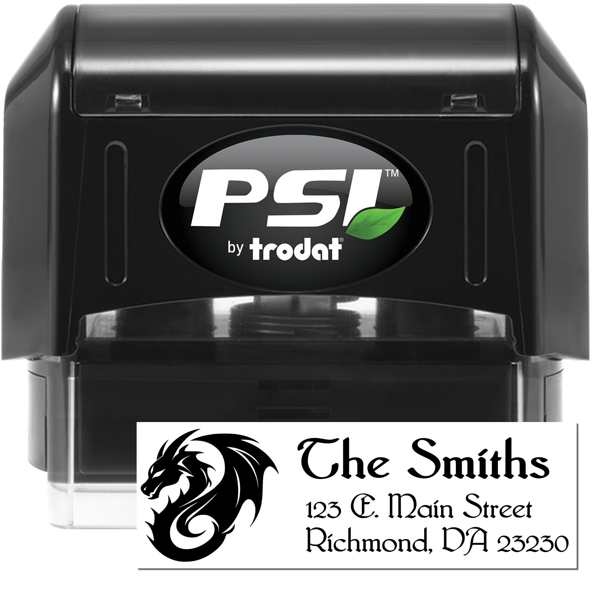 PSI by Trodat custom self-inking return address rubber stamp with dragon logo for The Smiths, Richmond, VA.