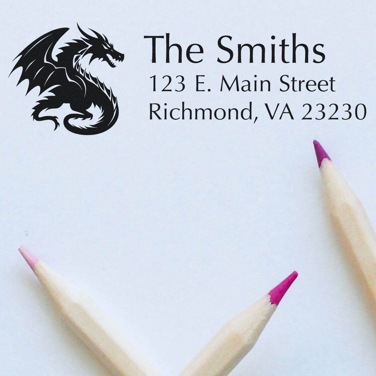 Custom rubber address stamp with dragon logo for The Smiths, 123 E. Main Street, Richmond, VA 23230