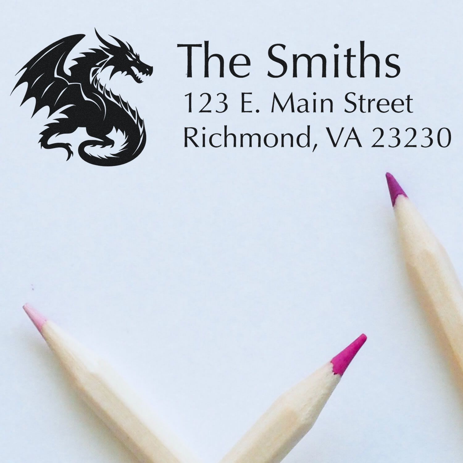 Custom return address rubber stamp with dragon logo for The Smiths, 123 E. Main Street, Richmond, VA 23230.
