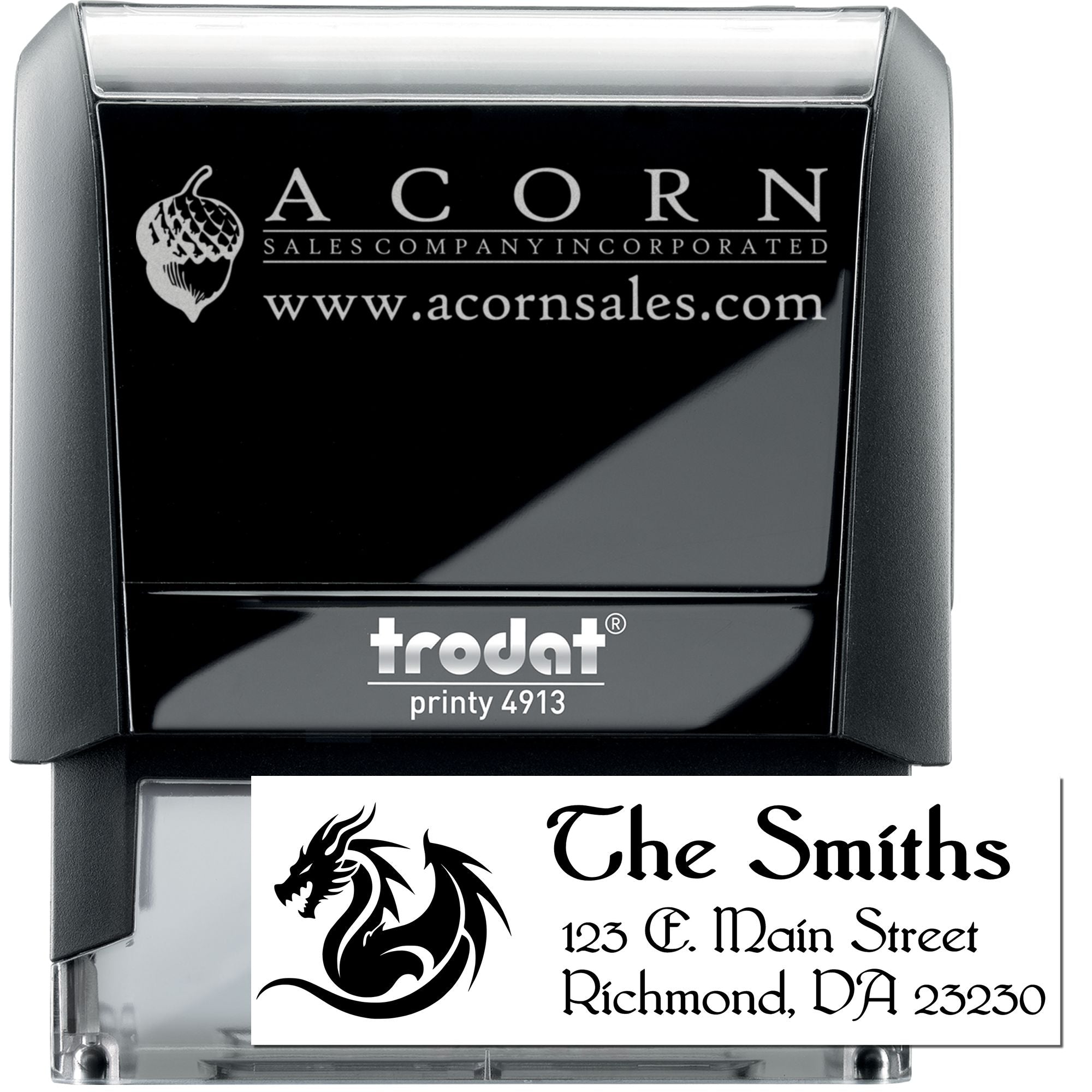 Trodat Printy 4913 self-inking rubber stamp with custom logo and address imprint for business branding and mailing.