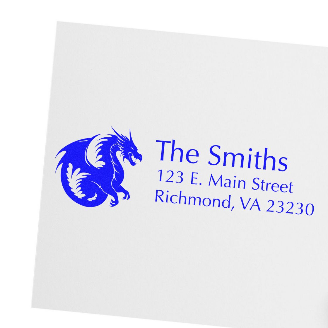 Custom return address rubber stamp with dragon logo for The Smiths, 123 E. Main Street, Richmond, VA 23230