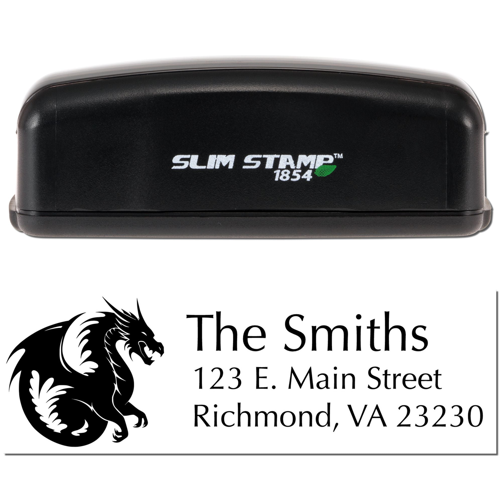 Slim Stamp self-inking rubber stamp with custom dragon logo and return address for The Smiths, Richmond, VA 23230