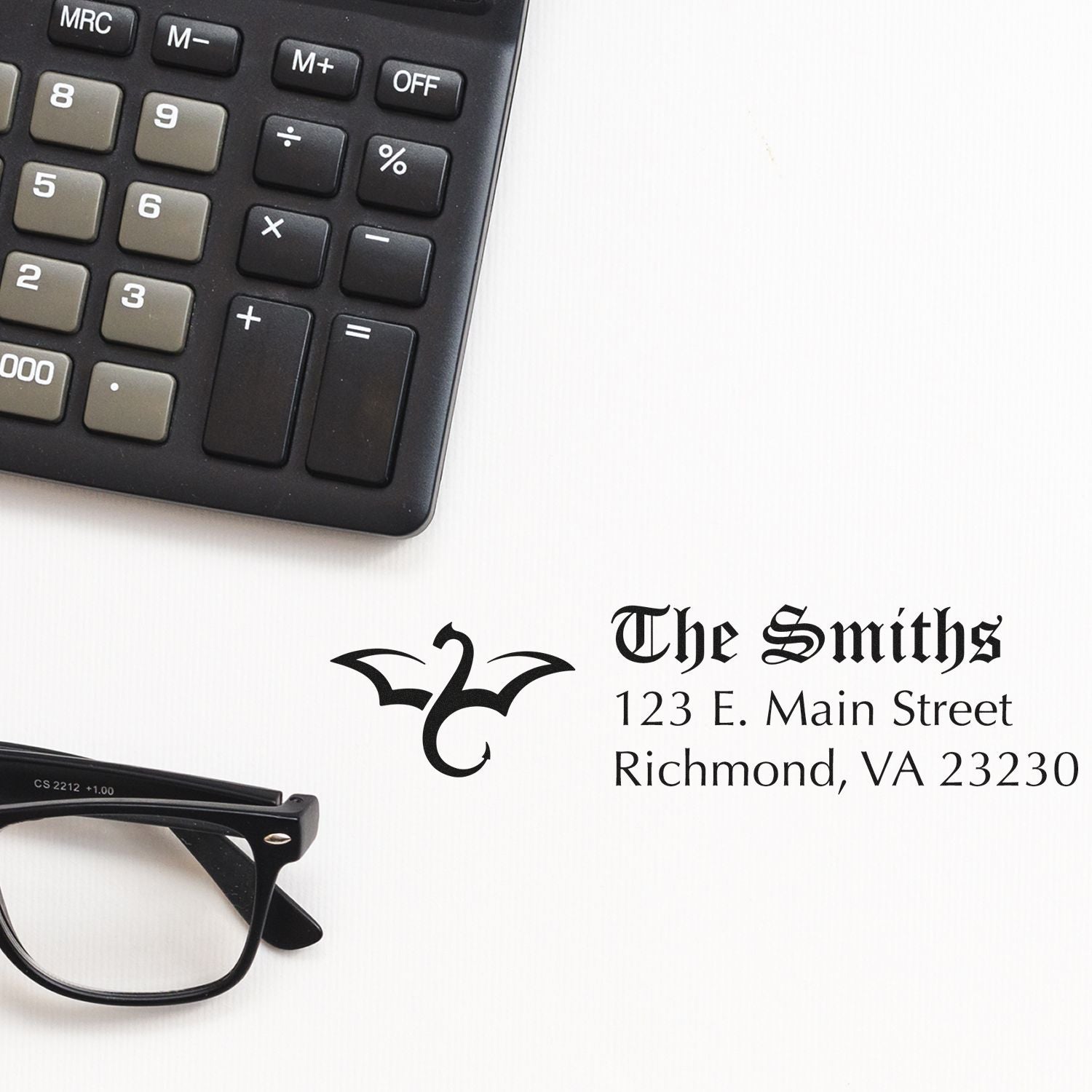Custom return address rubber stamp for The Smiths with monogram and Richmond, VA address for stationery.