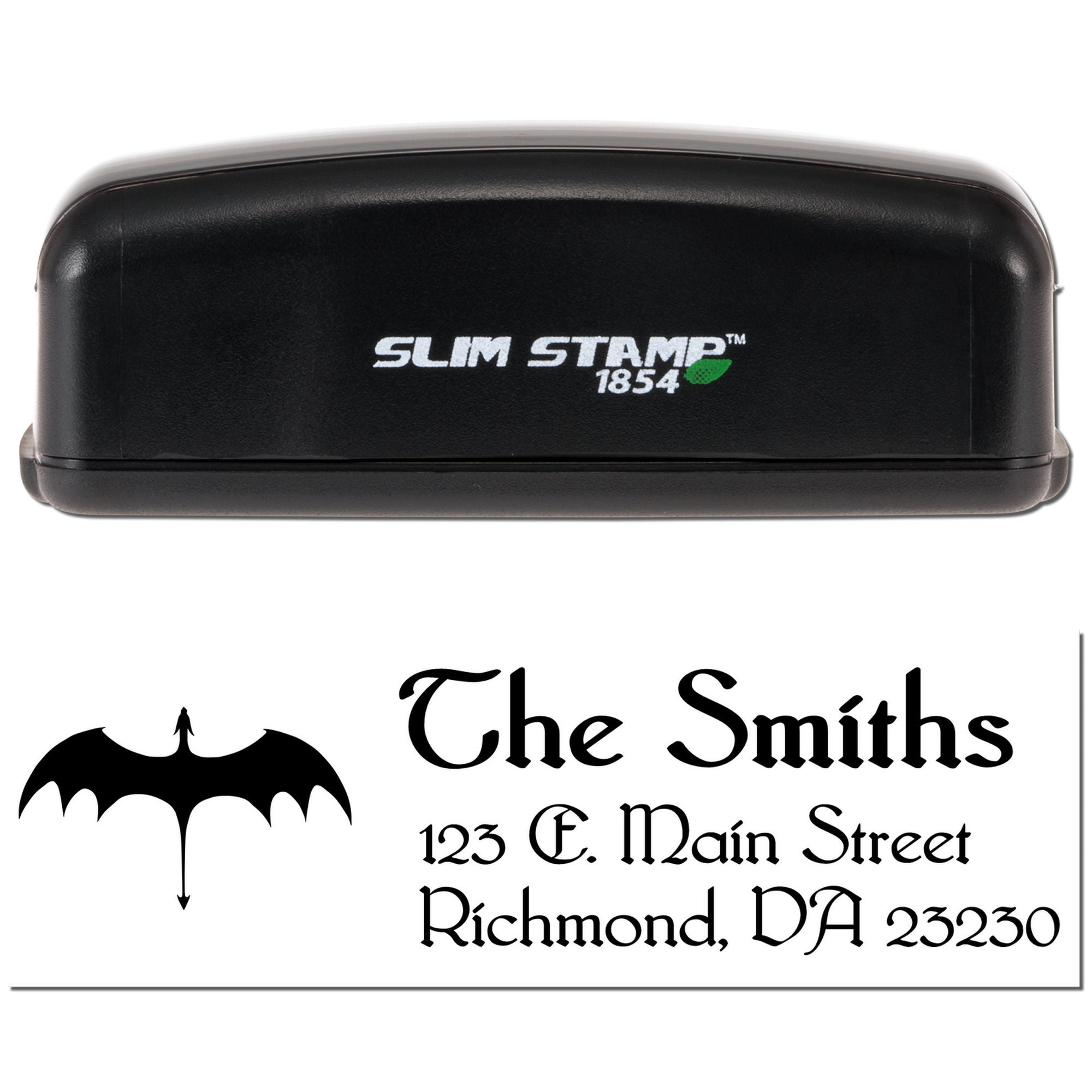 Custom address rubber stamp preview featuring Slim Stamp 1854, bat logo, and The Smiths Richmond, VA return address.