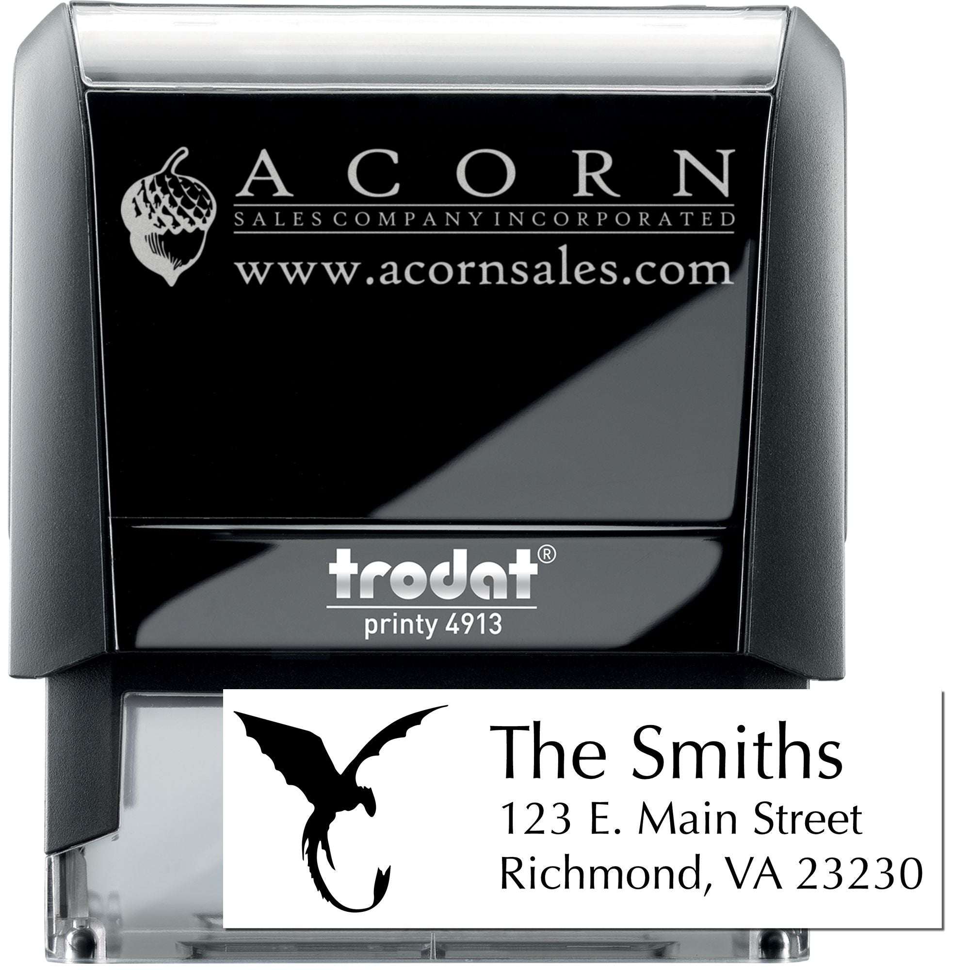 Trodat self-inking rubber stamps for business logos and address imprinting, shown with Acorn Sales and The Smiths examples.