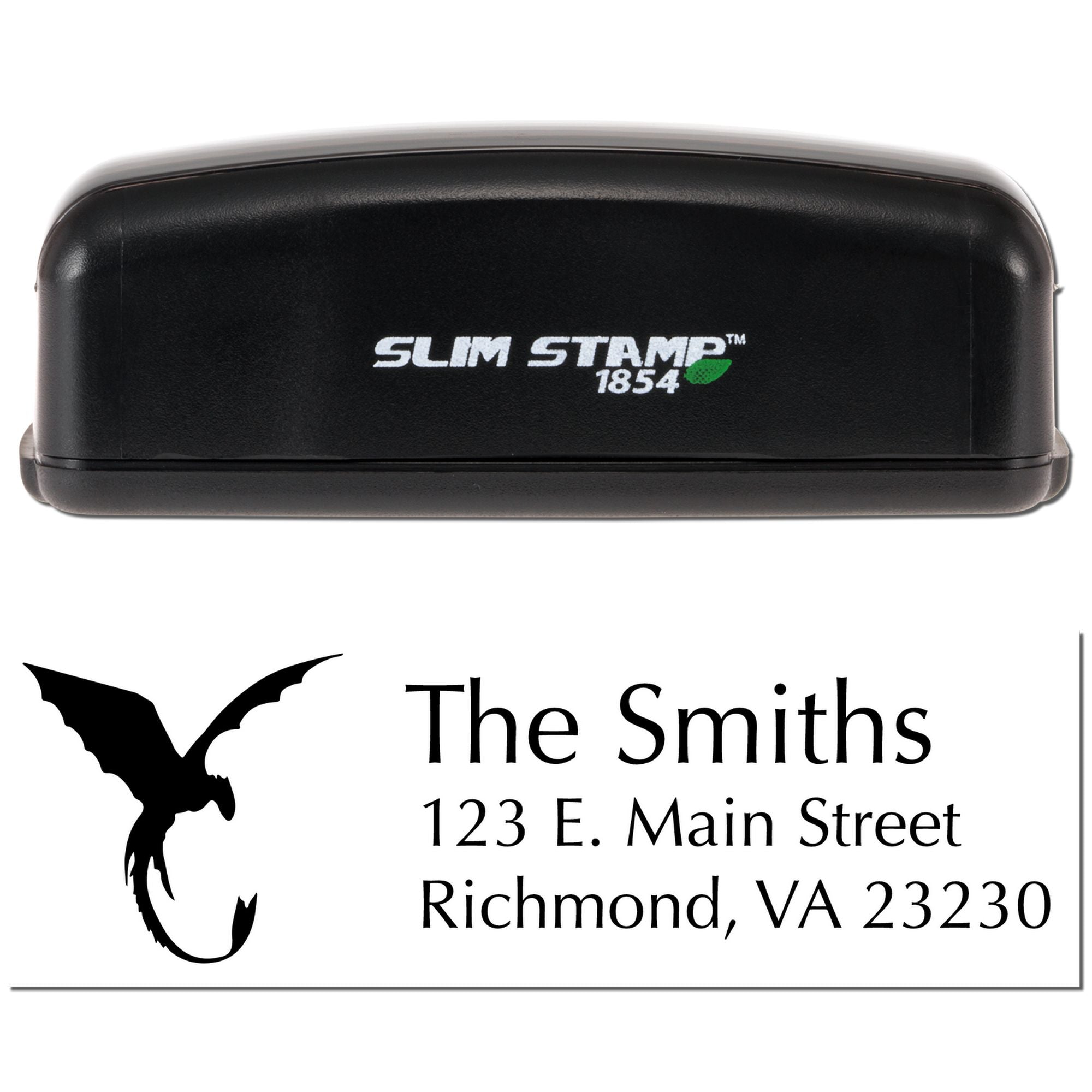Custom self-inking address rubber stamp with The Smiths name and Richmond, VA address for personalized mailing.