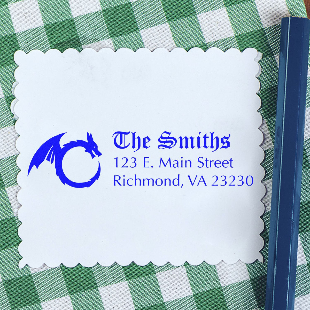 Personalized rubber address stamp with dragon logo, The Smiths name, and Richmond, VA return address.