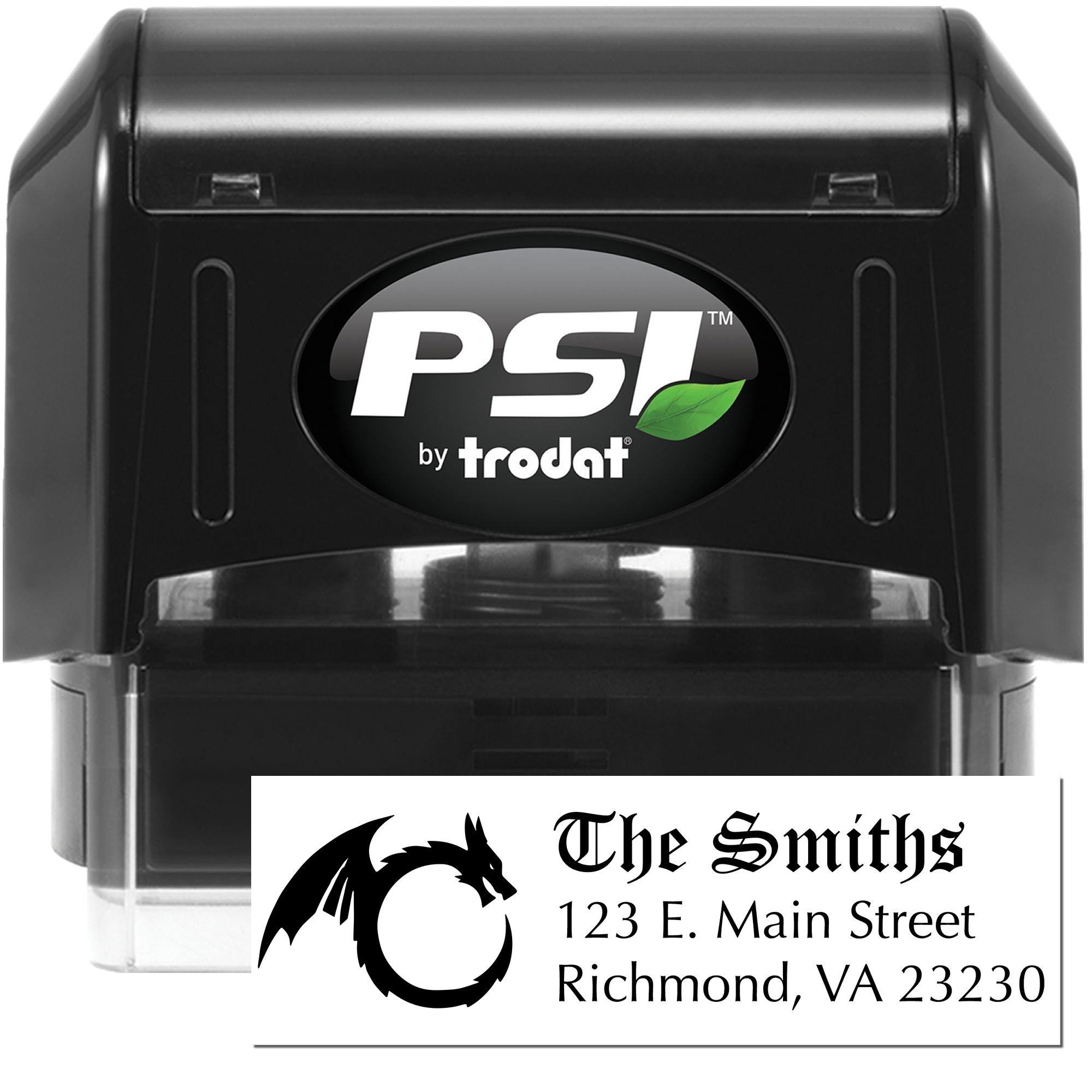 PSI by Trodat custom self-inking rubber address stamp with dragon logo for The Smiths, 123 E. Main Street, Richmond VA 23230