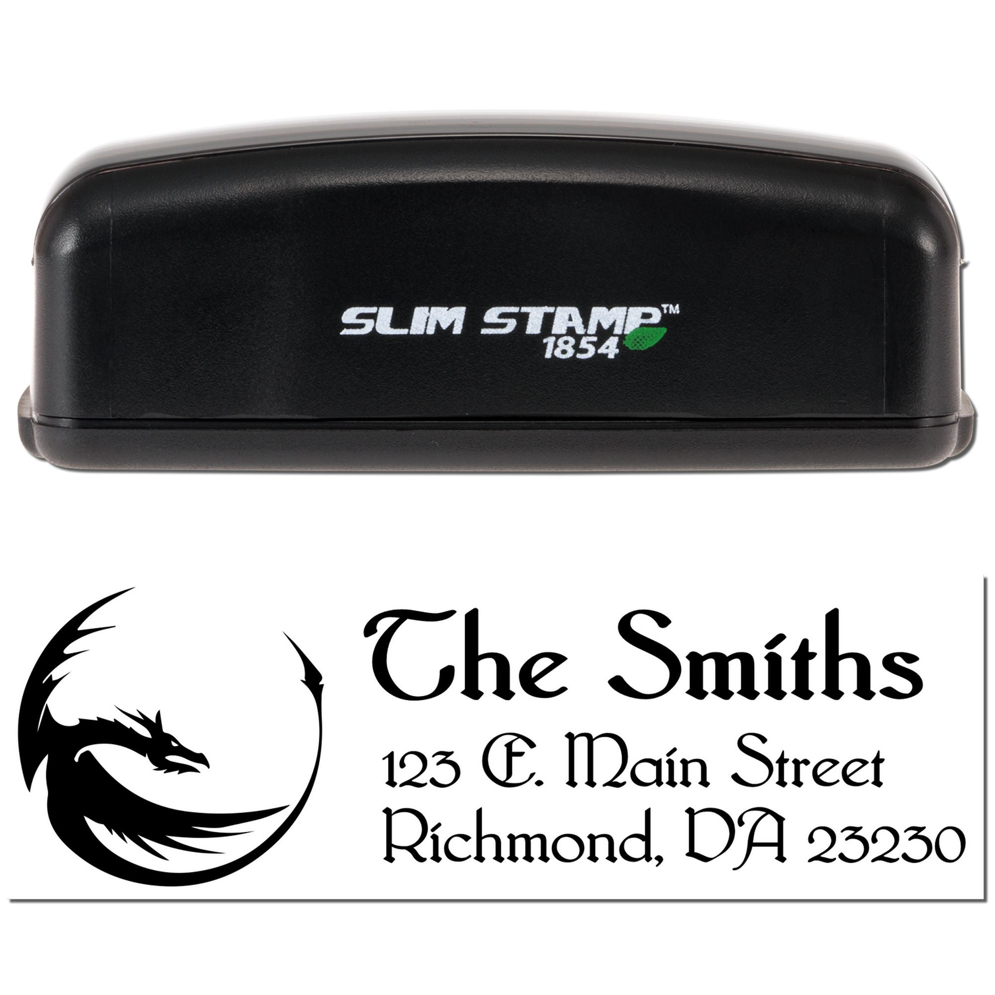 Slim Stamp 1854 self-inking rubber stamp showing a custom address stamp with logo for The Smiths in Richmond, VA.