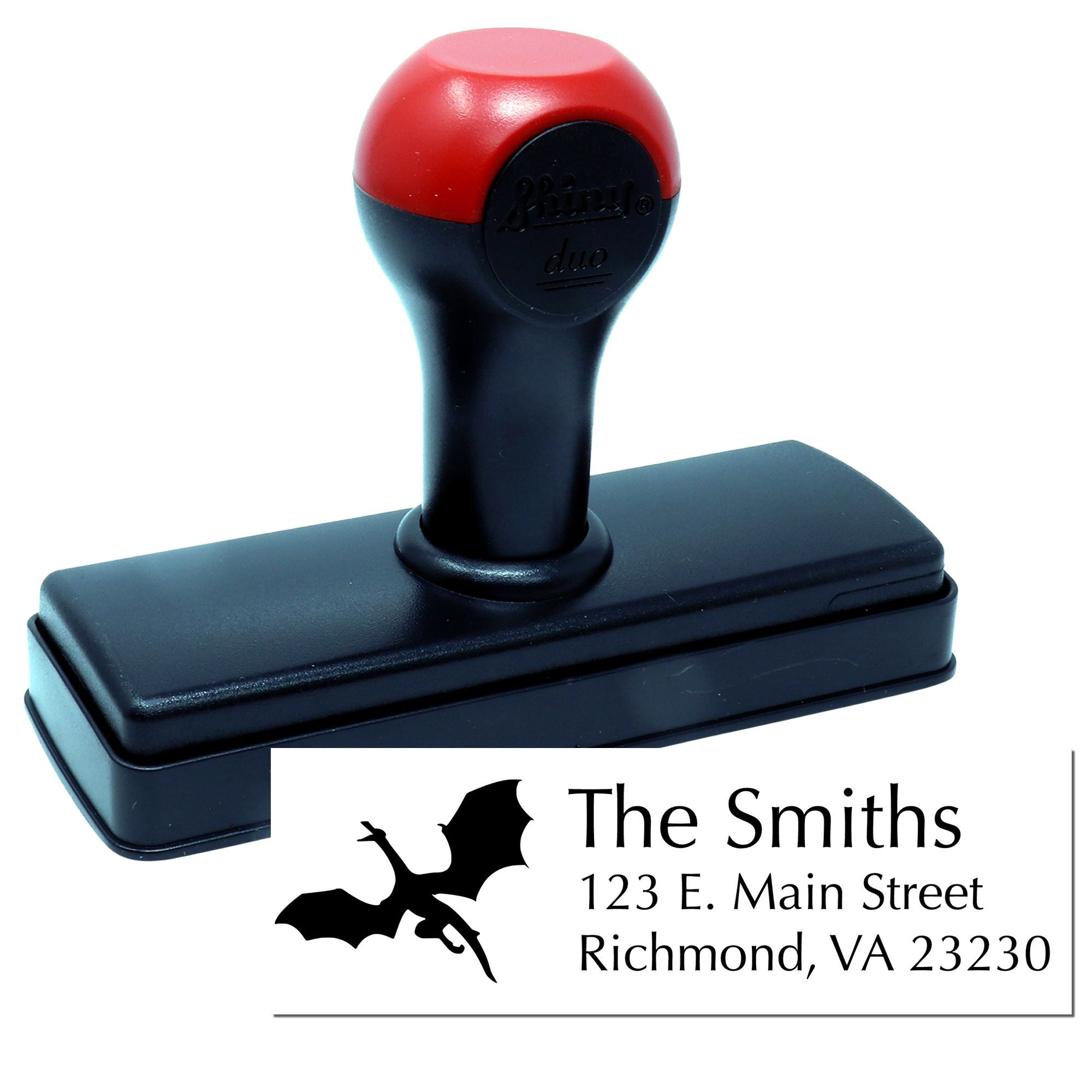 Personalized self-inking rubber address stamp with dragon logo for The Smiths, 123 E. Main Street, Richmond, VA 23230