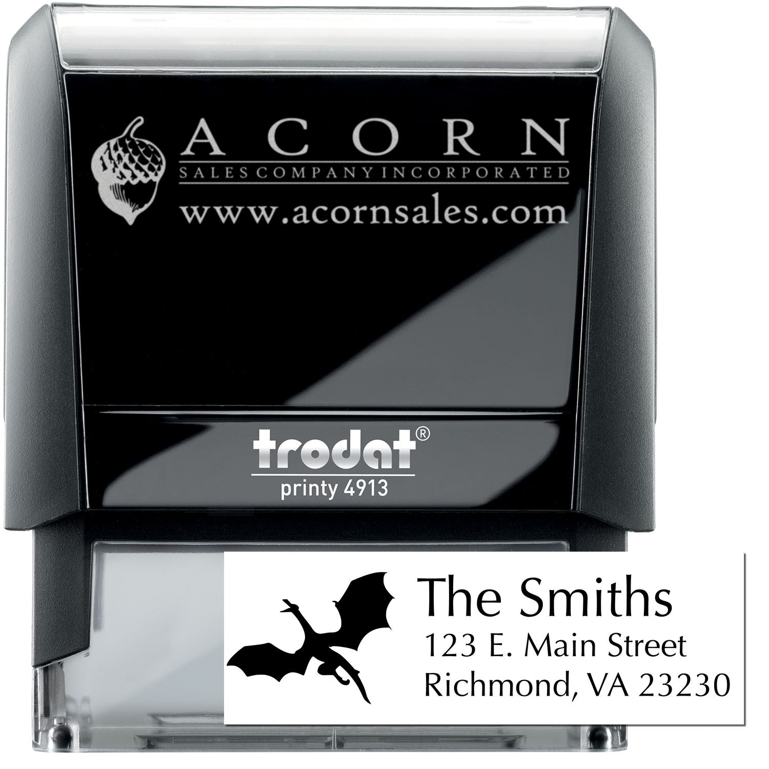 Custom self-inking rubber stamps featuring a business logo stamp and return address stamp for The Smiths.