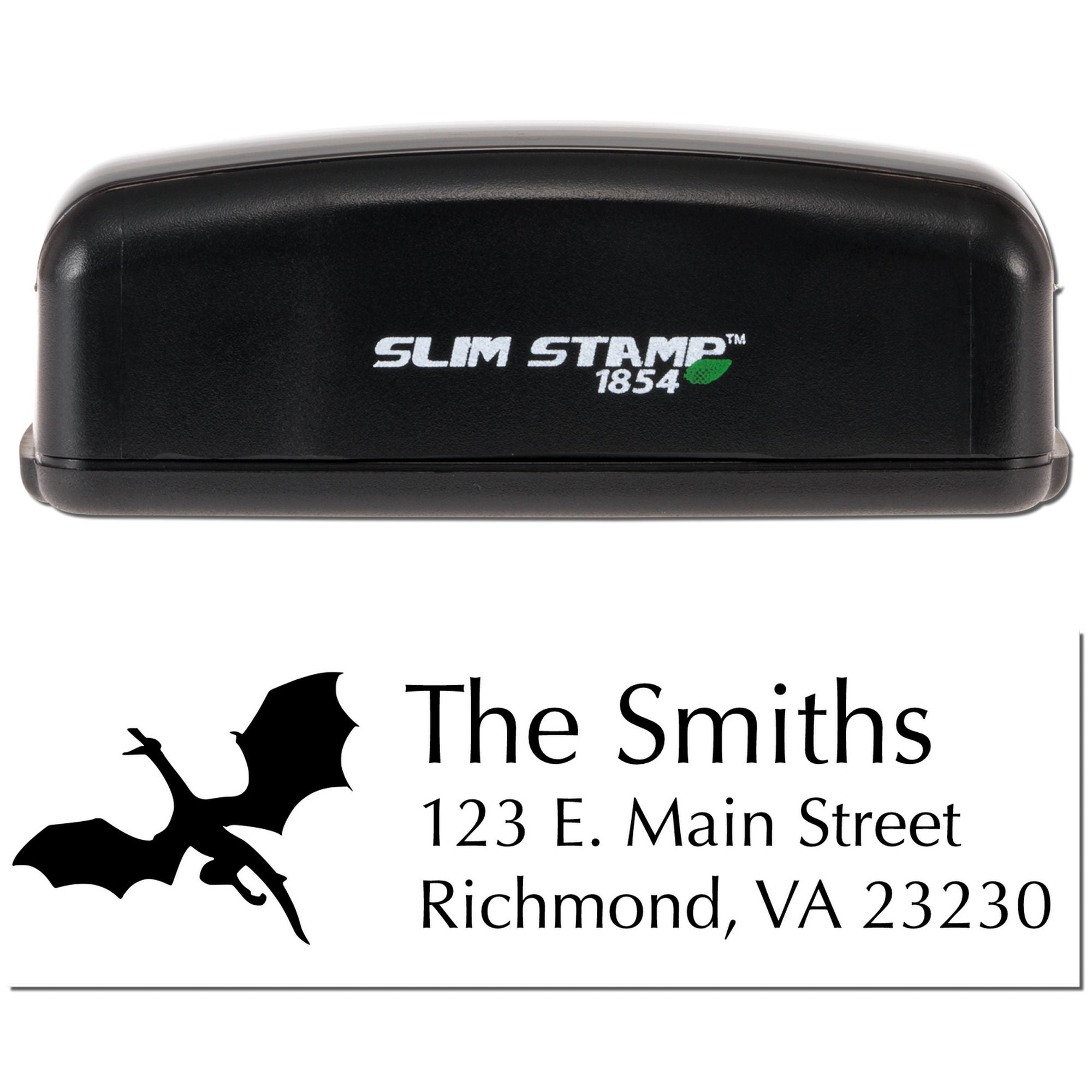 Slim Stamp 1854 self-inking custom address rubber stamp with bat logo for The Smiths, Richmond, VA 23230