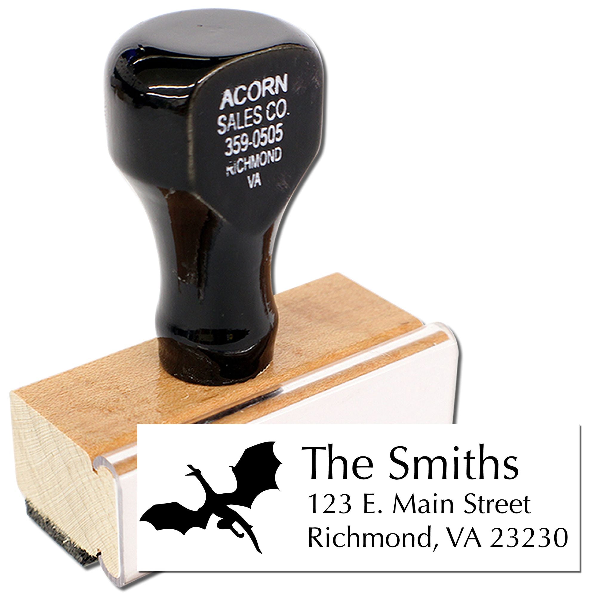 Custom rubber address stamp with dragon design and The Smiths, 123 E. Main Street, Richmond, VA 23230.