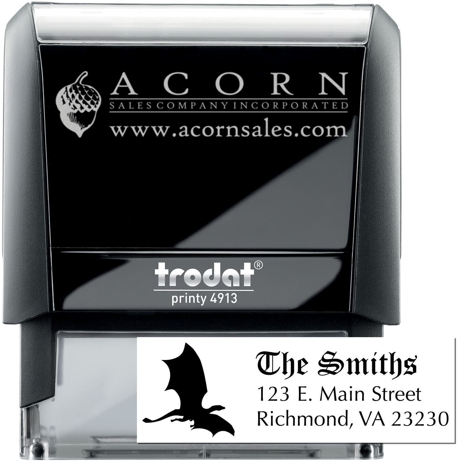 Trodat self-inking custom rubber stamp with business logo and address imprint for office branding and mailing.