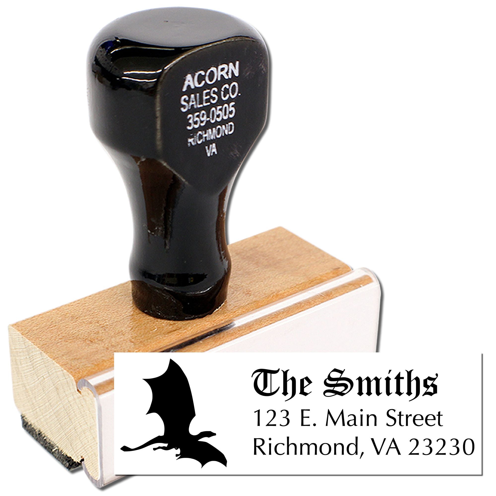 Custom self-inking rubber address stamp for The Smiths, Richmond, VA 23230 with bat logo.