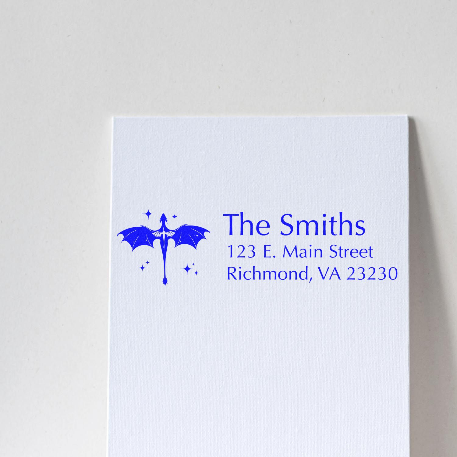 Personalized return address rubber stamp with blue dragon design for The Smiths, Richmond, VA.