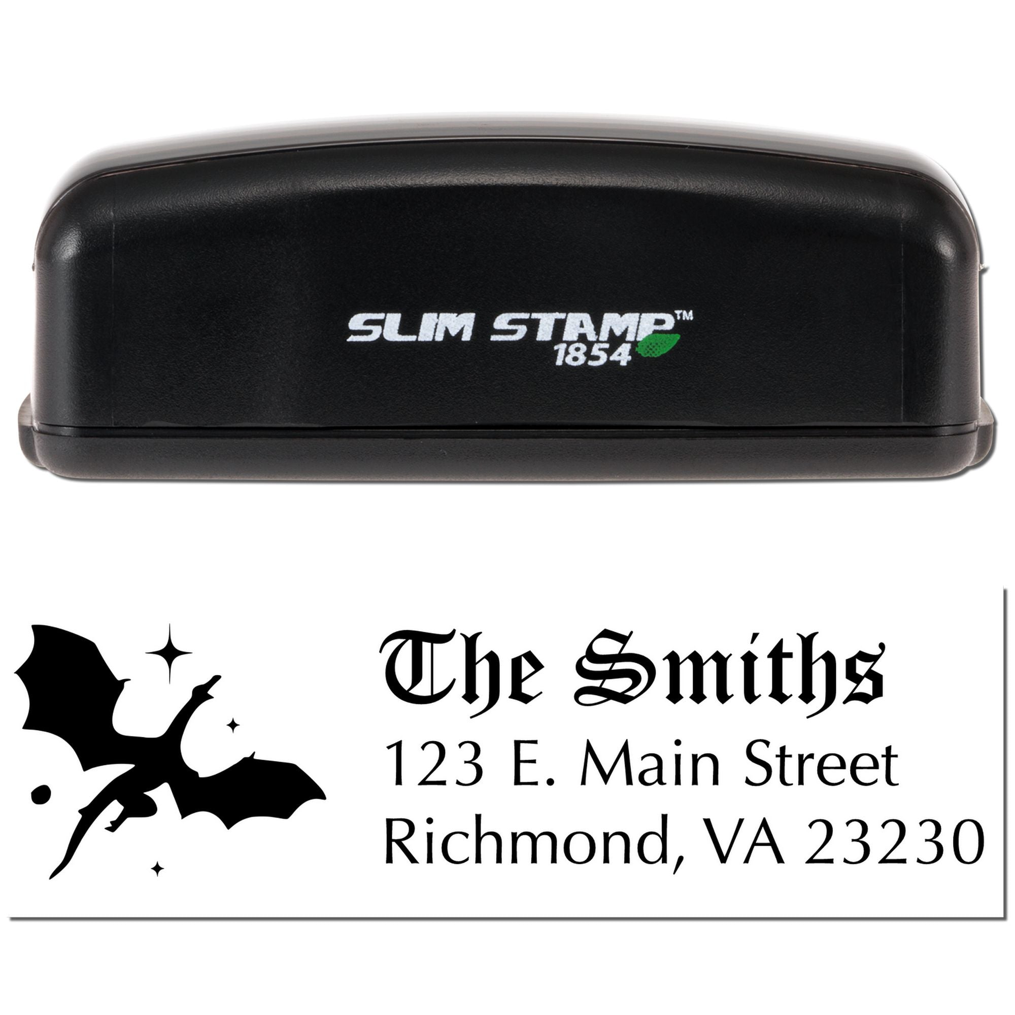 Slim Stamp 1854 self-inking rubber stamp with custom return address design and bat graphic for The Smiths.