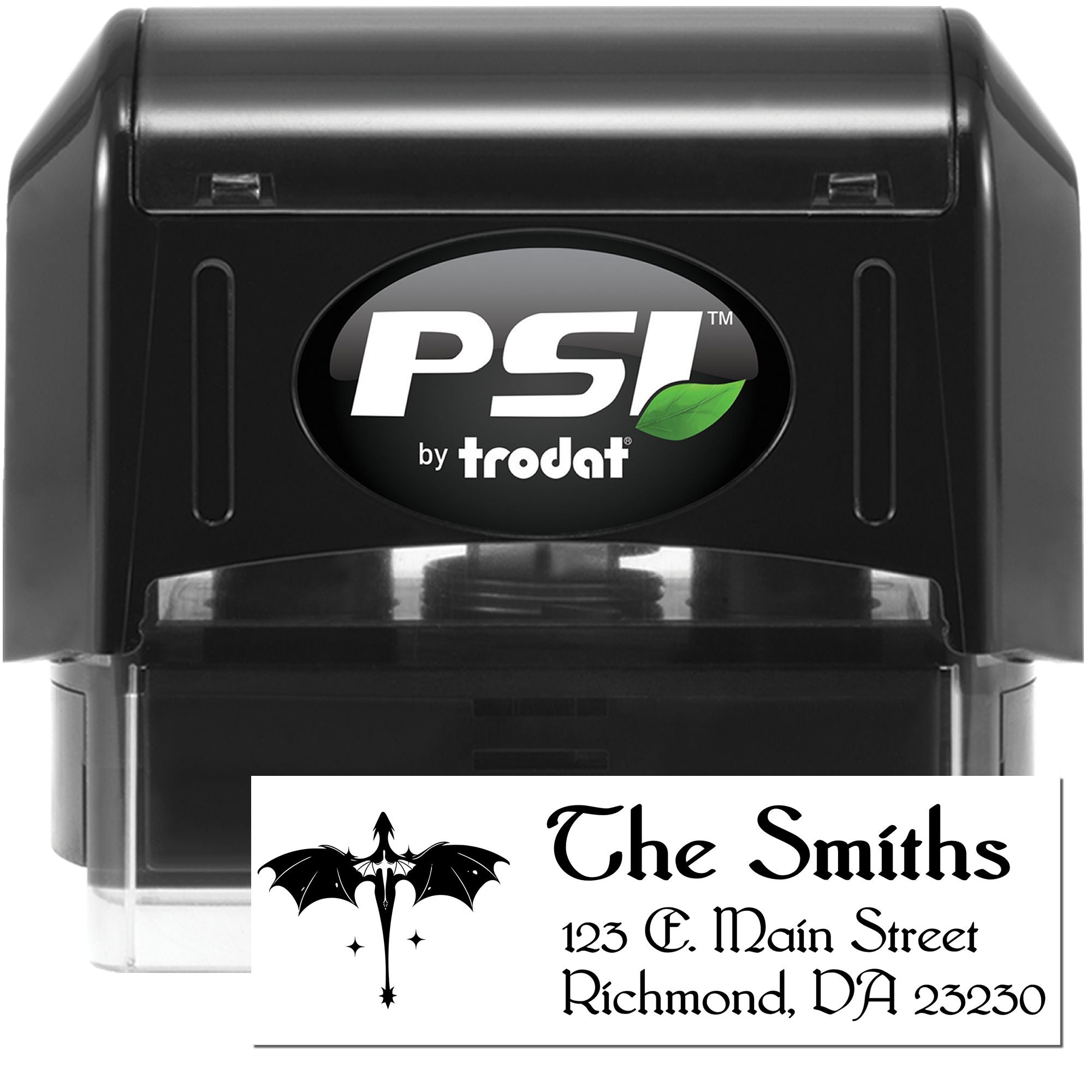PSI by Trodat self-inking rubber stamp with custom return address and logo for personalized mailing.