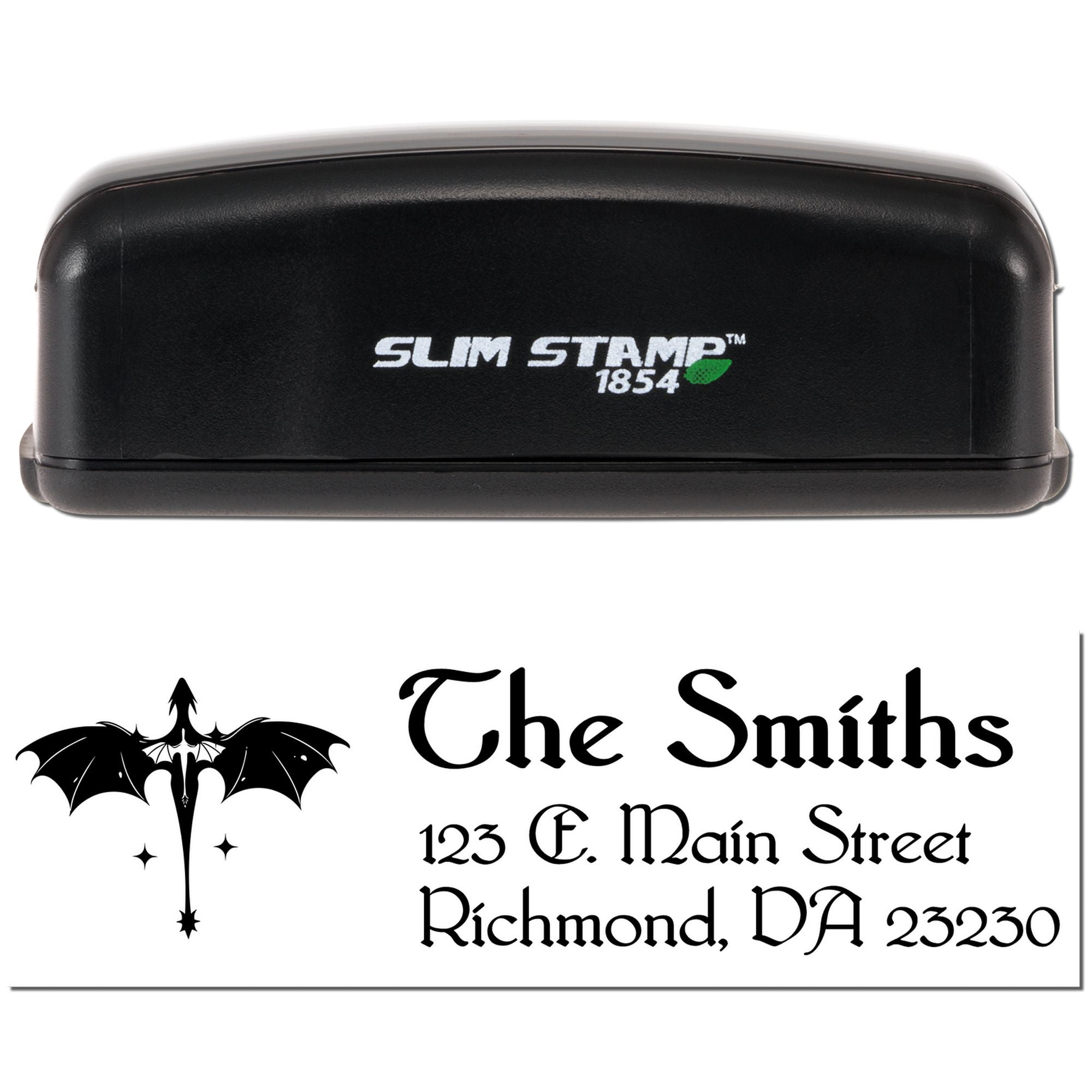 Slim Stamp 1854 custom address rubber stamp with bat logo and The Smiths return address design for business mailings.